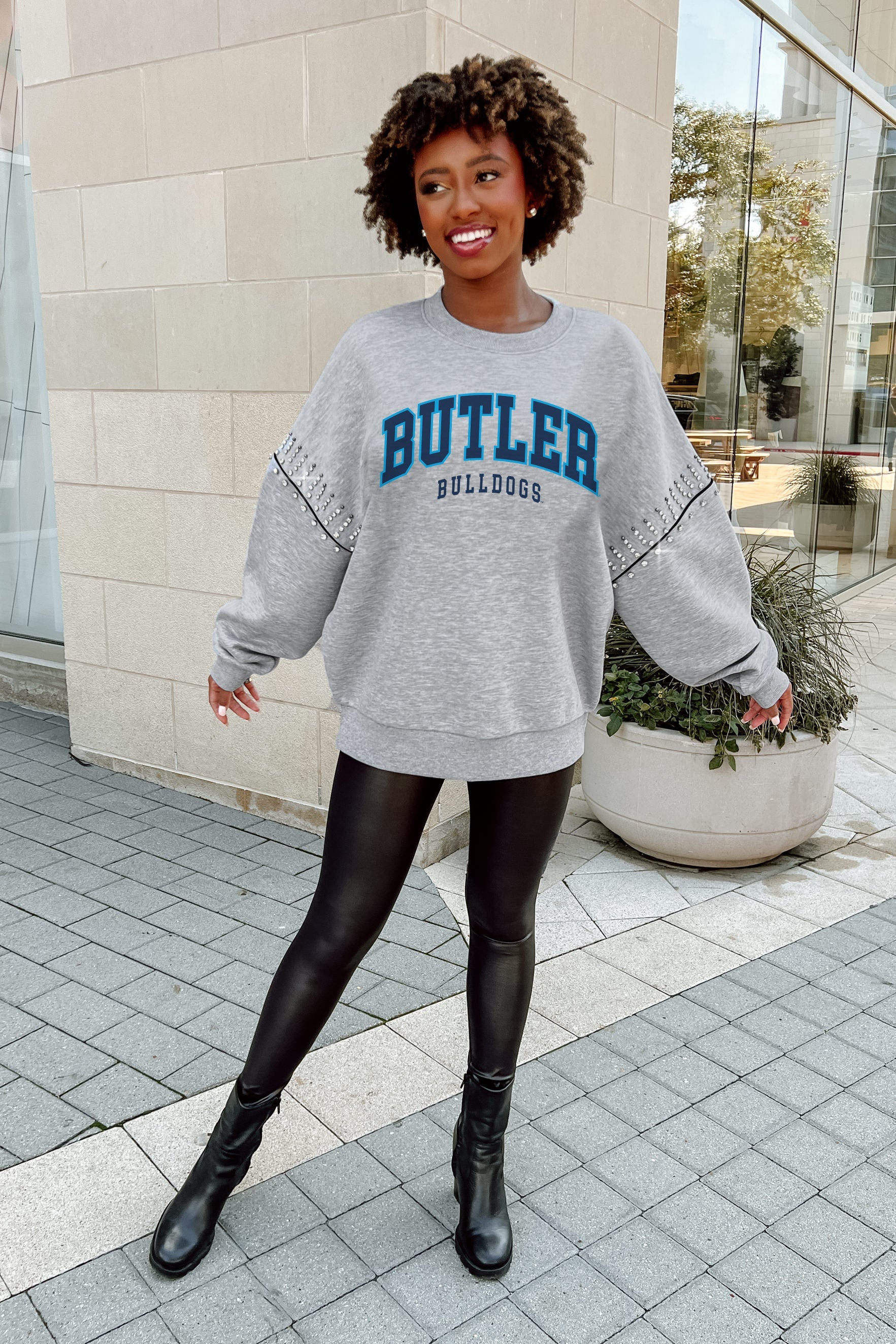 BUTLER BULLDOGS COMPETITIVE EDGE FLEECE PULLOVER WITH JEWEL SLEEVE EMBELLISHMENTS