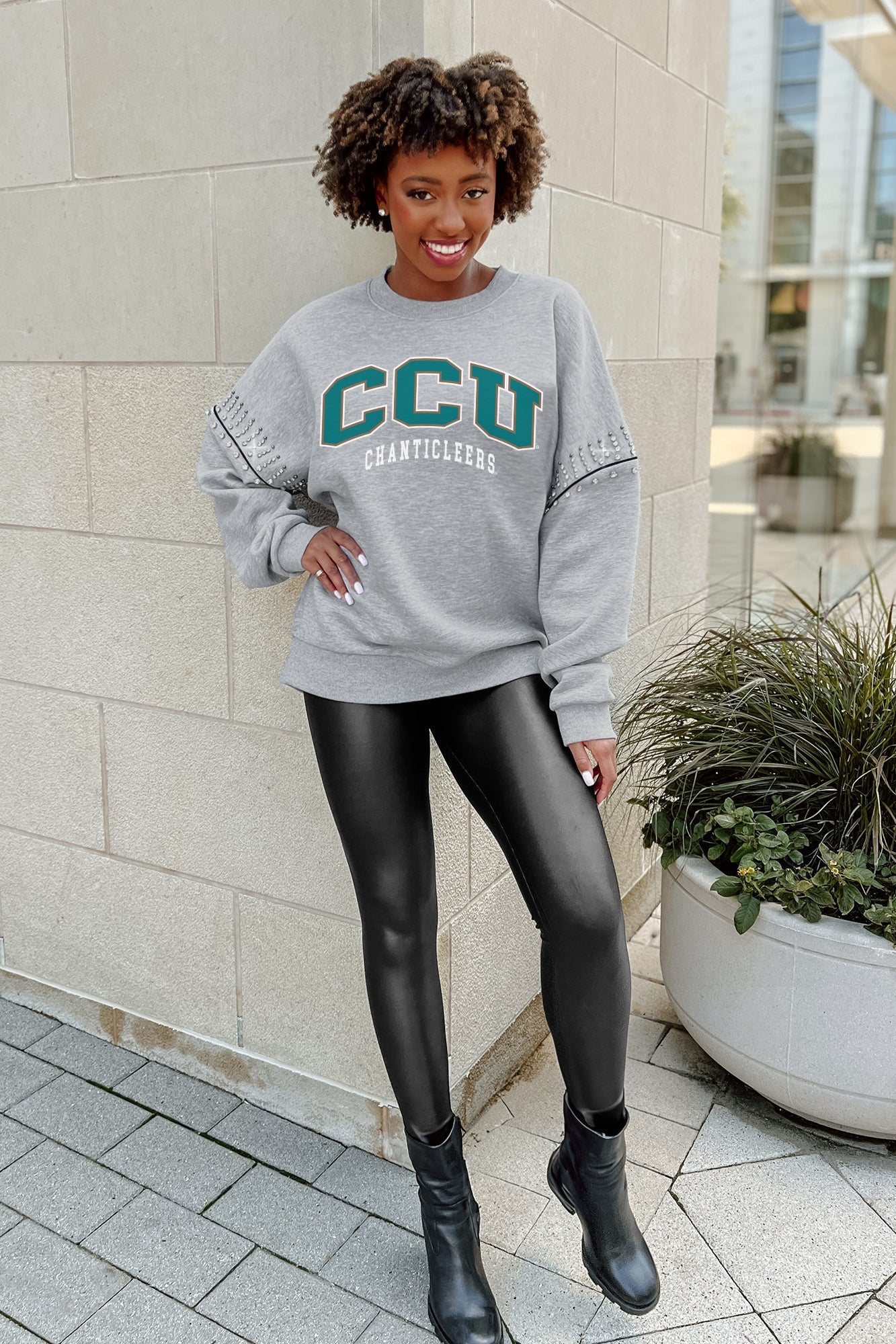 COASTAL CAROLINA CHANTICLEERS COMPETITIVE EDGE FLEECE PULLOVER WITH JEWEL SLEEVE EMBELLISHMENTS