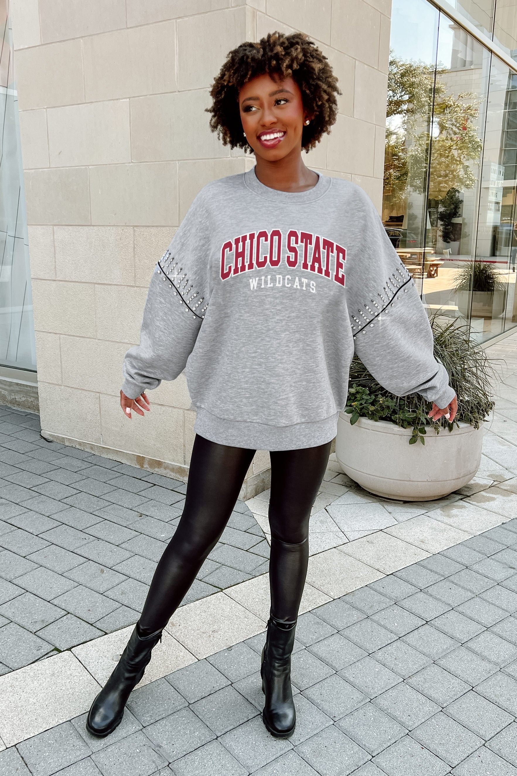 CHICO STATE WILDCATS COMPETITIVE EDGE FLEECE PULLOVER WITH JEWEL SLEEVE EMBELLISHMENTS