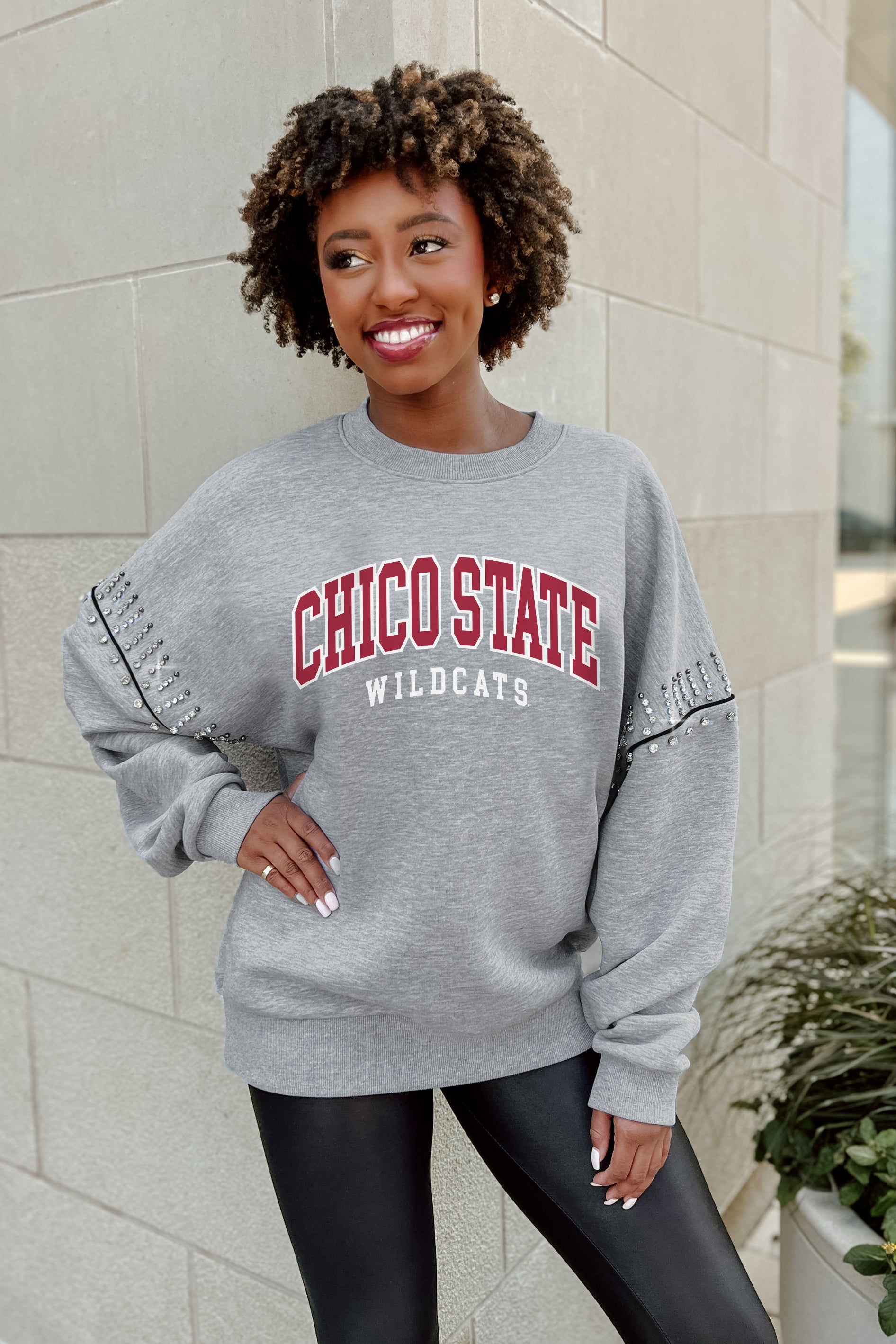 CHICO STATE WILDCATS COMPETITIVE EDGE FLEECE PULLOVER WITH JEWEL SLEEVE EMBELLISHMENTS