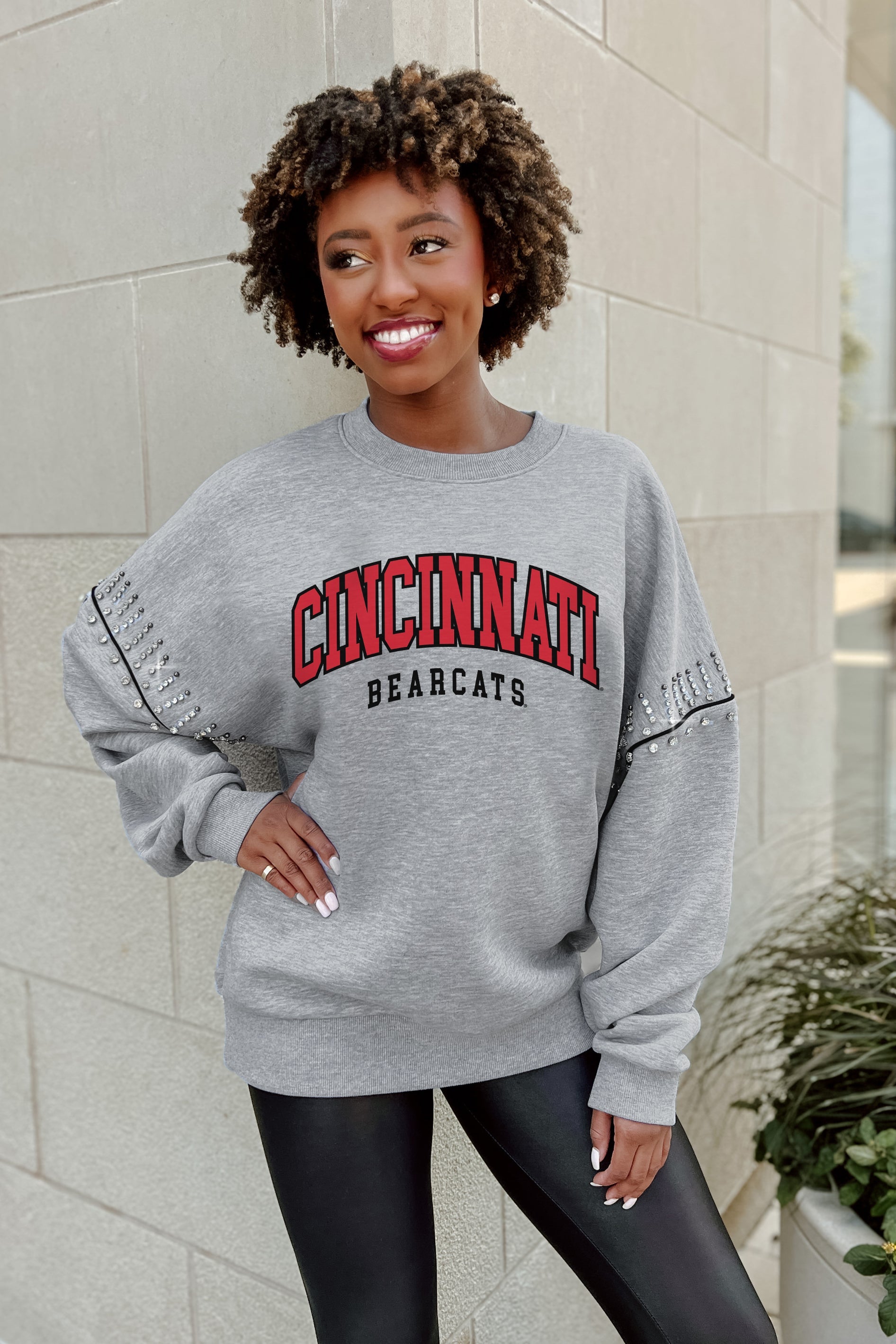 CINCINNATI BEARCATS COMPETITIVE EDGE FLEECE PULLOVER WITH JEWEL SLEEVE EMBELLISHMENTS