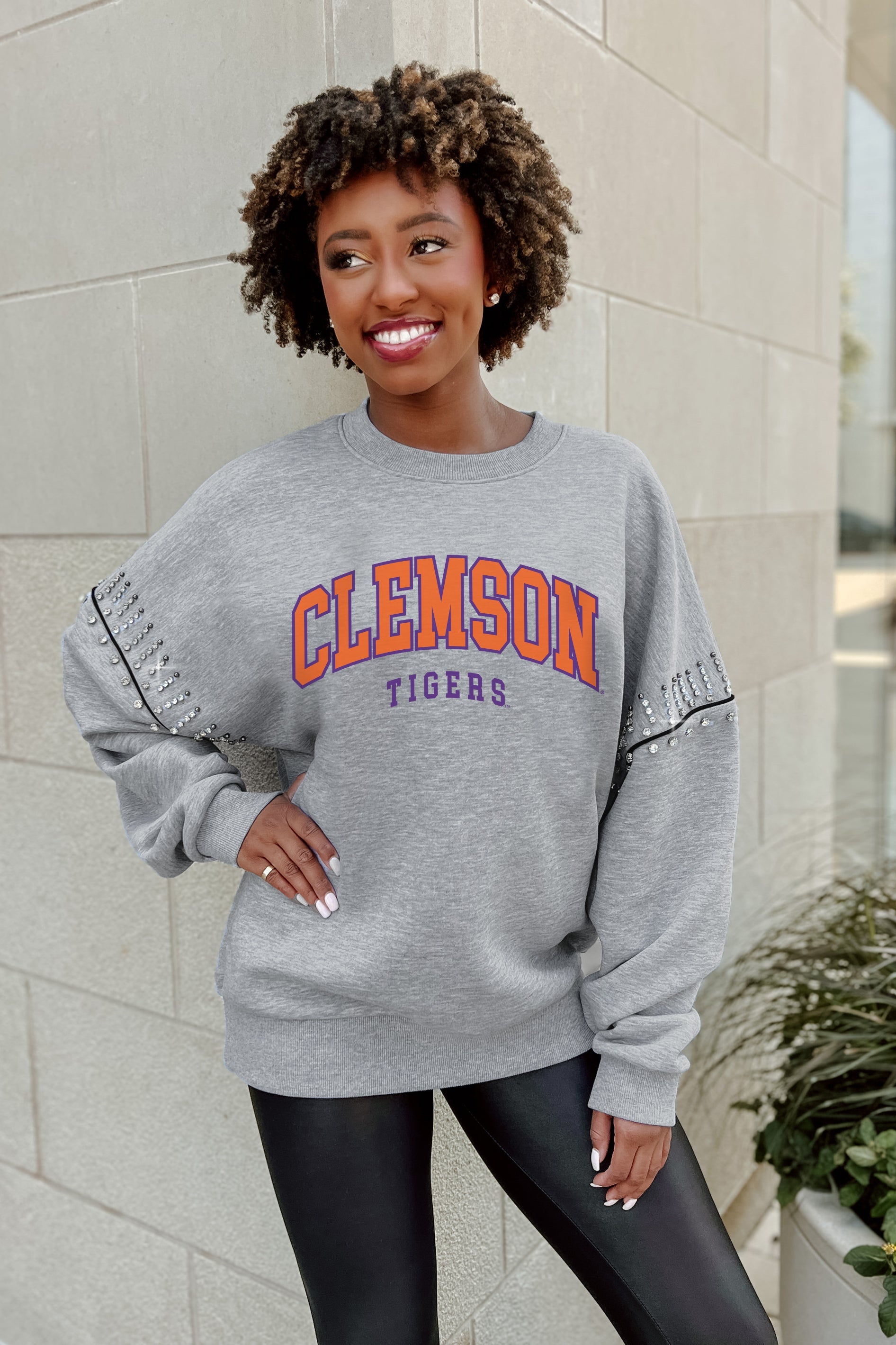 CLEMSON TIGERS COMPETITIVE EDGE FLEECE PULLOVER WITH JEWEL SLEEVE EMBELLISHMENTS