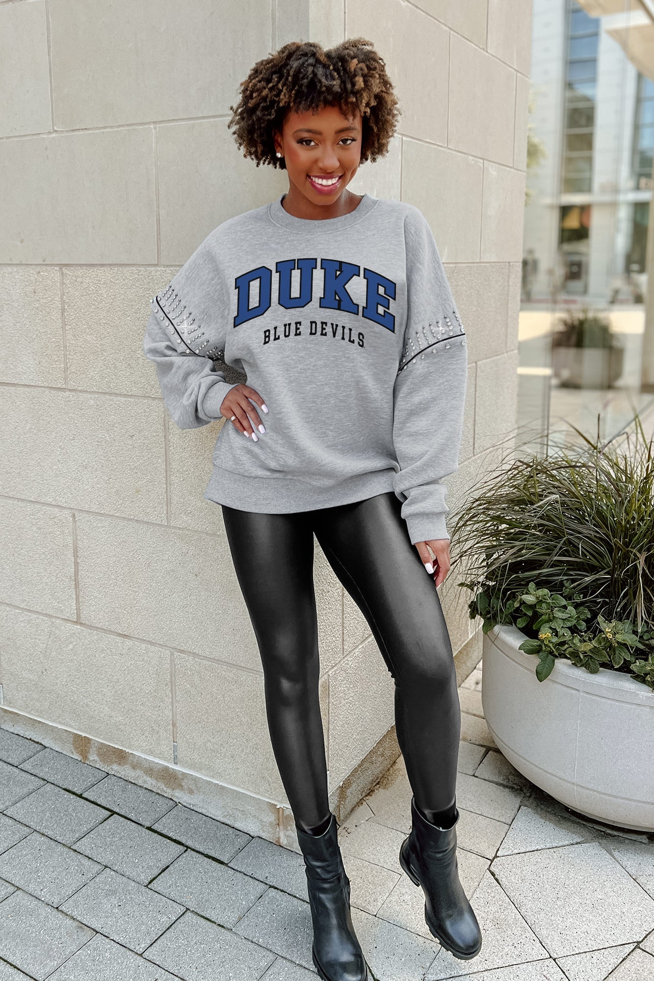 DUKE BLUE DEVILS COMPETITIVE EDGE FLEECE PULLOVER WITH JEWEL SLEEVE EMBELLISHMENTS