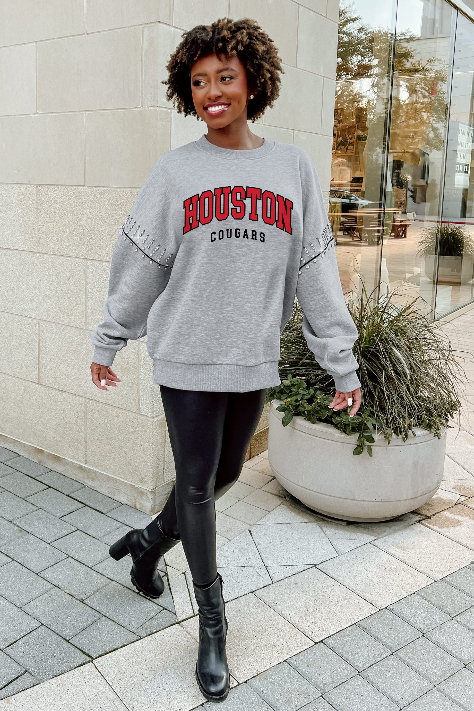 HOUSTON COUGARS COMPETITIVE EDGE FLEECE PULLOVER WITH JEWEL SLEEVE EMBELLISHMENTS