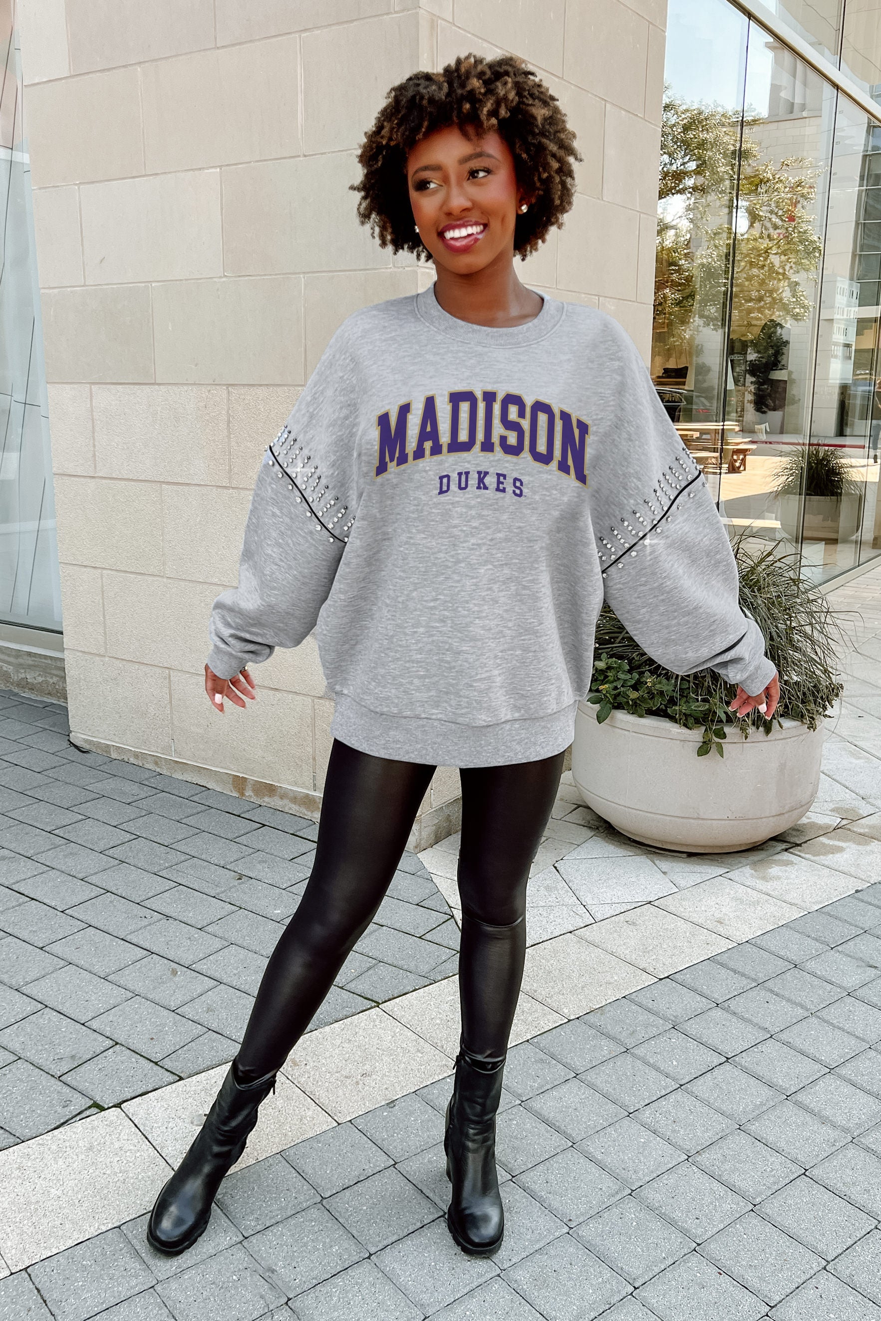 JAMES MADISON DUKES COMPETITIVE EDGE FLEECE PULLOVER WITH JEWEL SLEEVE EMBELLISHMENTS