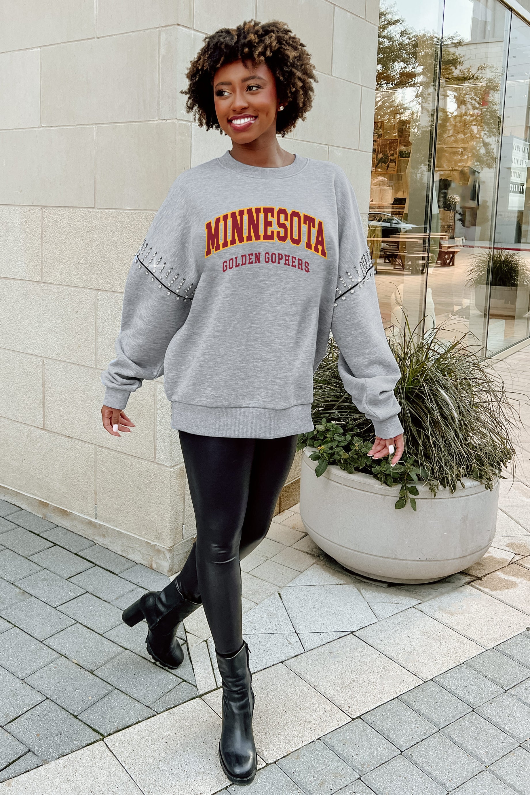 MINNESOTA GOLDEN GOPHERS COMPETITIVE EDGE FLEECE PULLOVER WITH JEWEL SLEEVE EMBELLISHMENTS