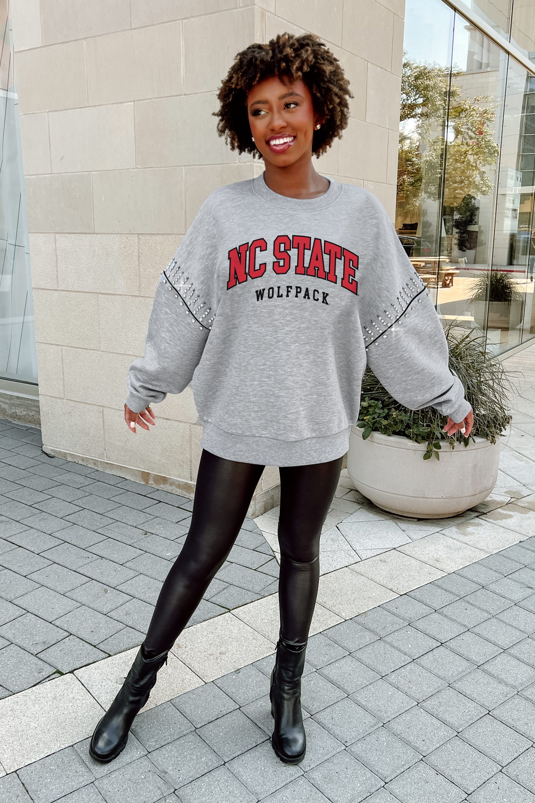 NORTH CAROLINA STATE WOLFPACK COMPETITIVE EDGE FLEECE PULLOVER WITH JEWEL SLEEVE EMBELLISHMENTS