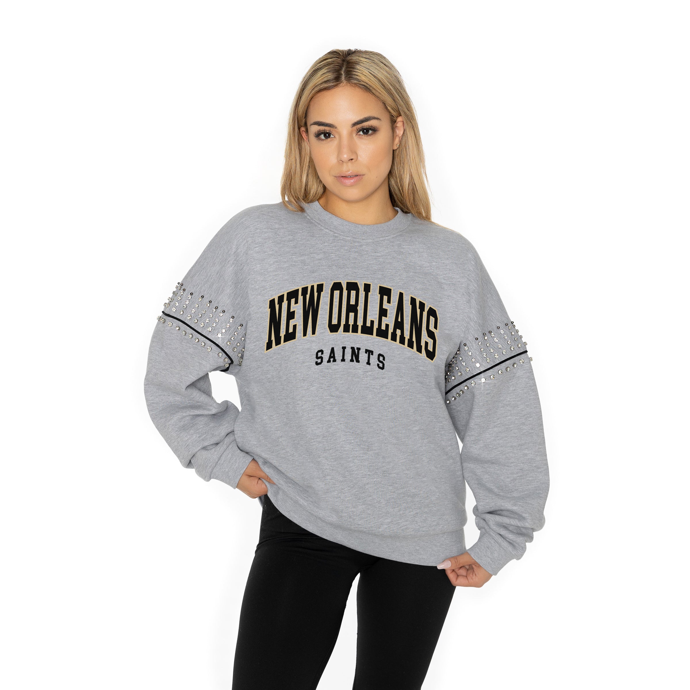 NEW ORLEANS SAINTS COMPETITIVE EDGE FLEECE PULLOVER WITH JEWEL SLEEVE EMBELLISHMENTS