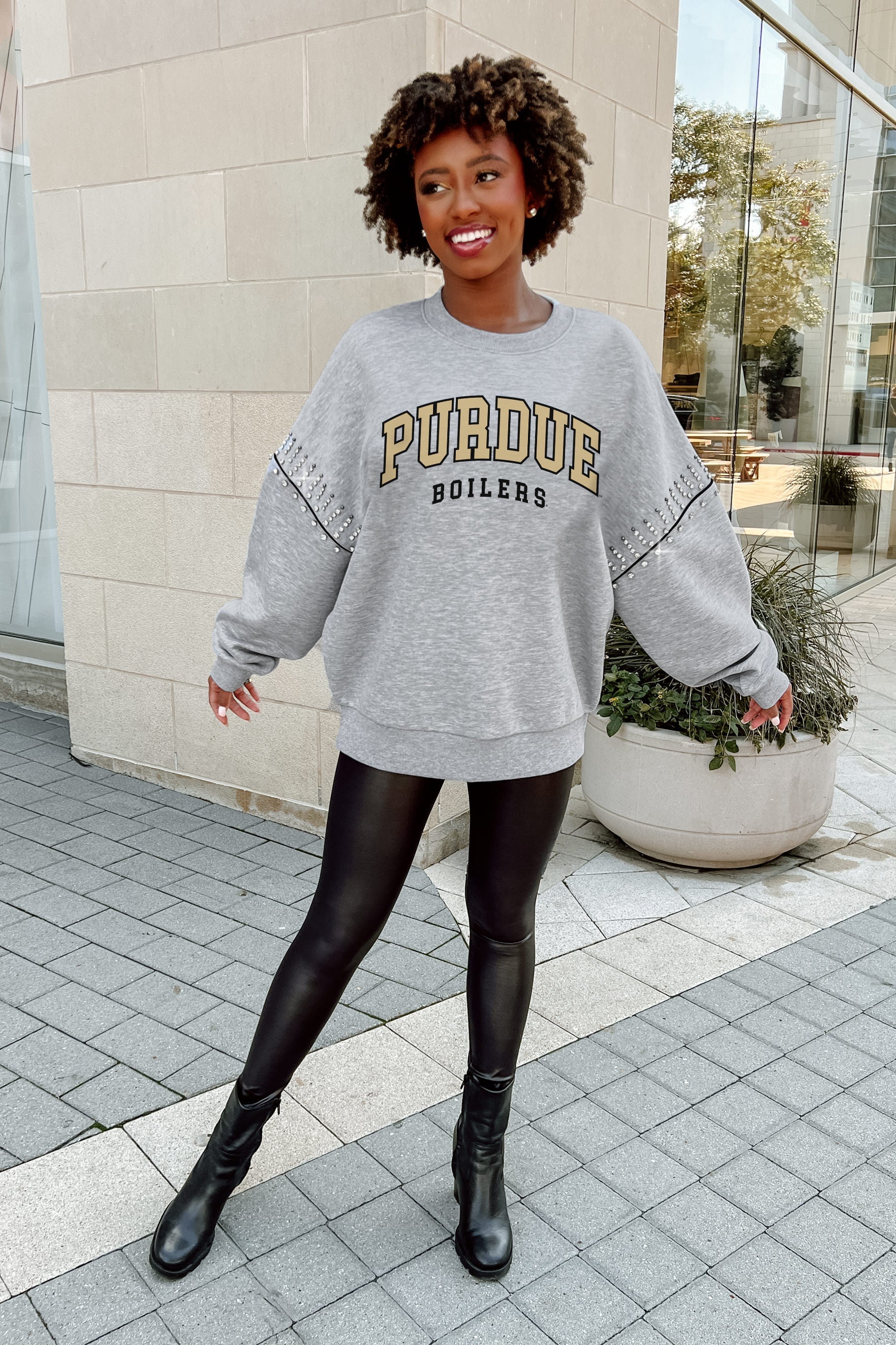 PURDUE BOILERMAKERS COMPETITIVE EDGE FLEECE PULLOVER WITH JEWEL SLEEVE EMBELLISHMENTS