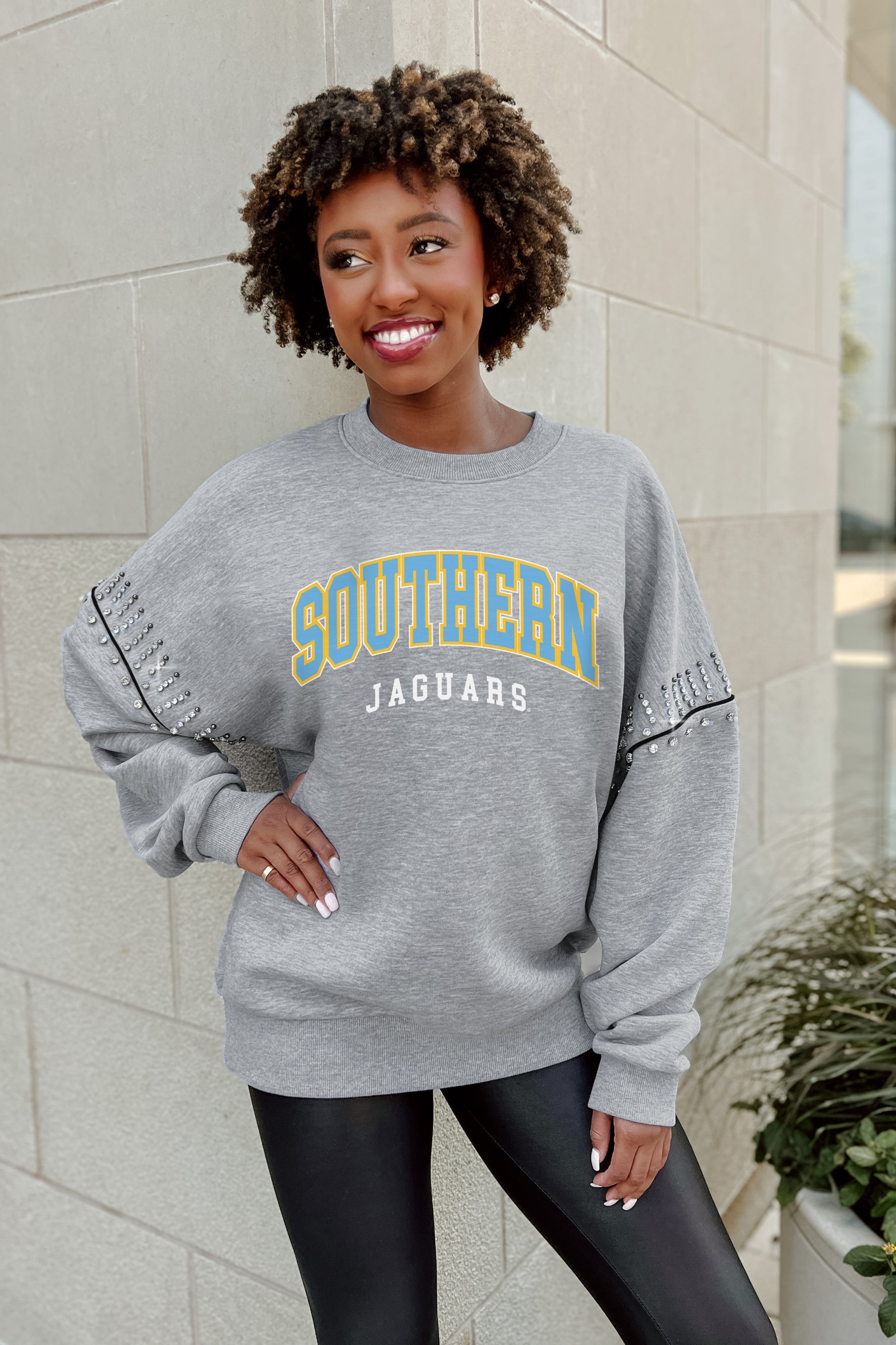 SOUTHERN JAGUARS COMPETITIVE EDGE FLEECE PULLOVER WITH JEWEL SLEEVE EMBELLISHMENTS