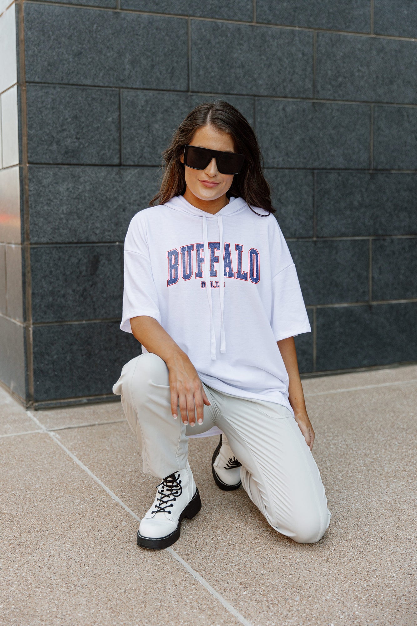 GC x NFL Buffalo Bills Yard Line Long Sleeve Fleece Crewneck Sweatshirt with Ribbed Knit Collar, Wrist, and Waistband M / White