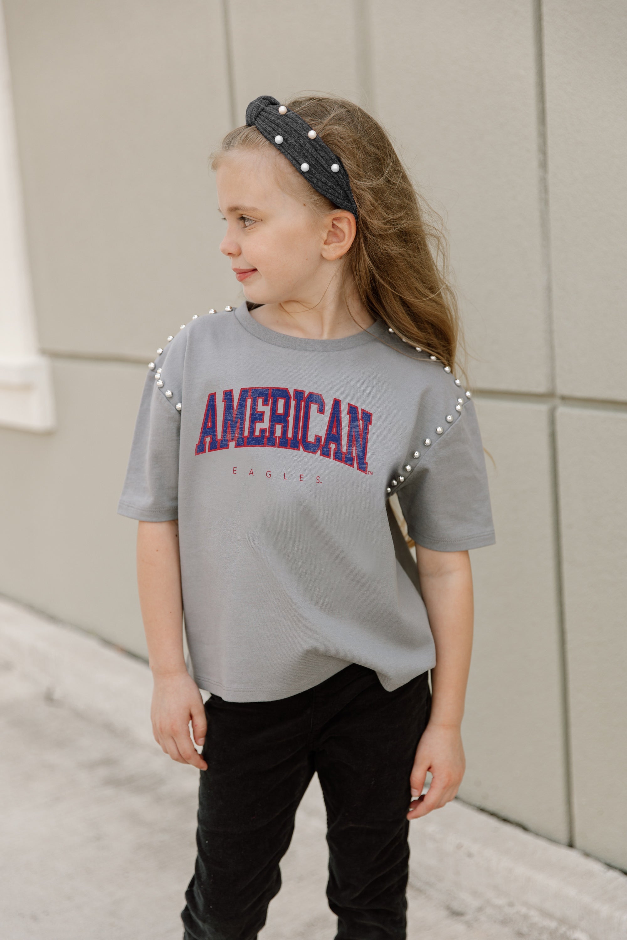 AMERICAN UNIVERSITY EAGLES AFTER PARTY KIDS STUDDED SHORT SLEEVE MODERATELY CROPPED TEE