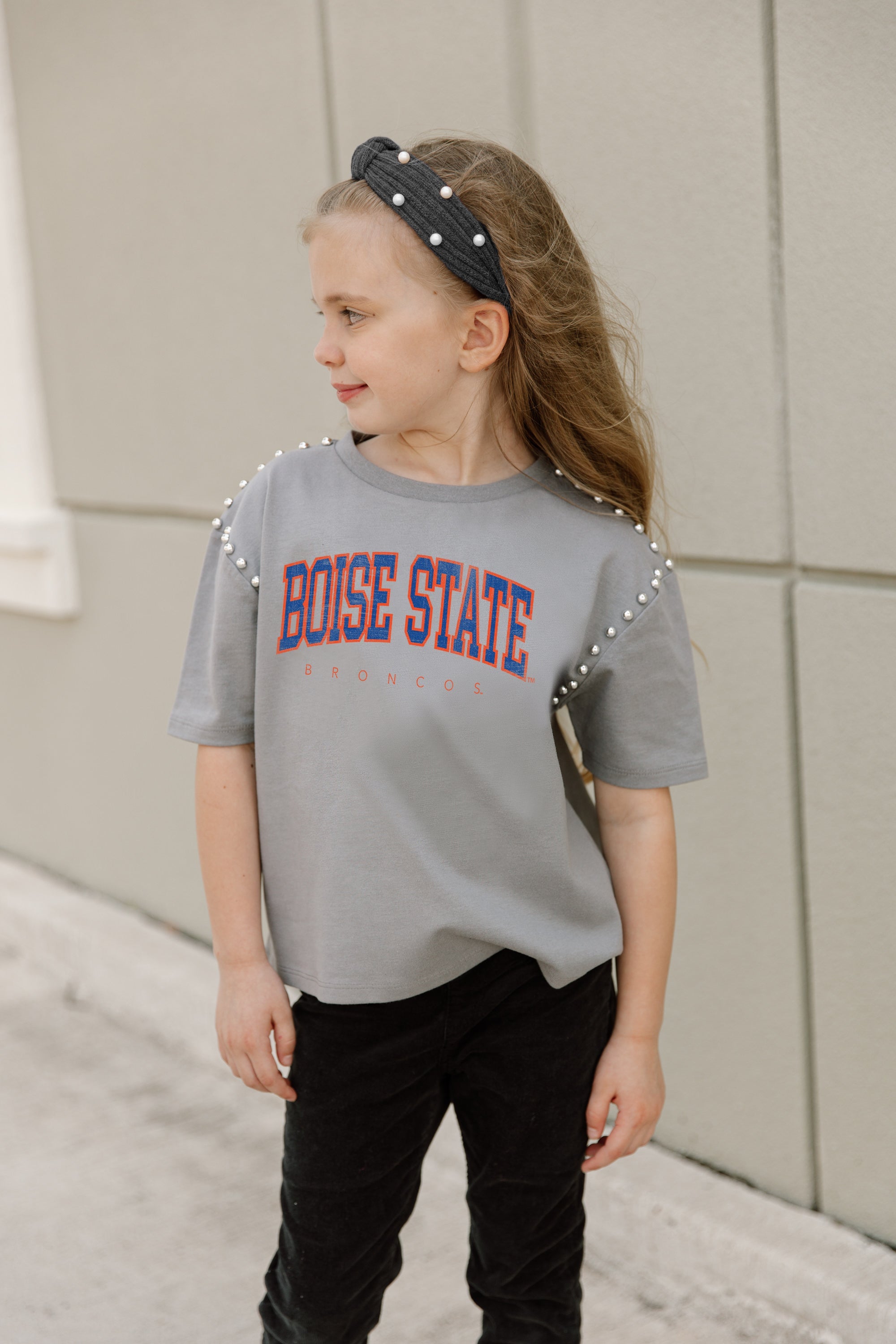 BOISE STATE BRONCOS AFTER PARTY KIDS STUDDED SHORT SLEEVE MODERATELY CROPPED TEE