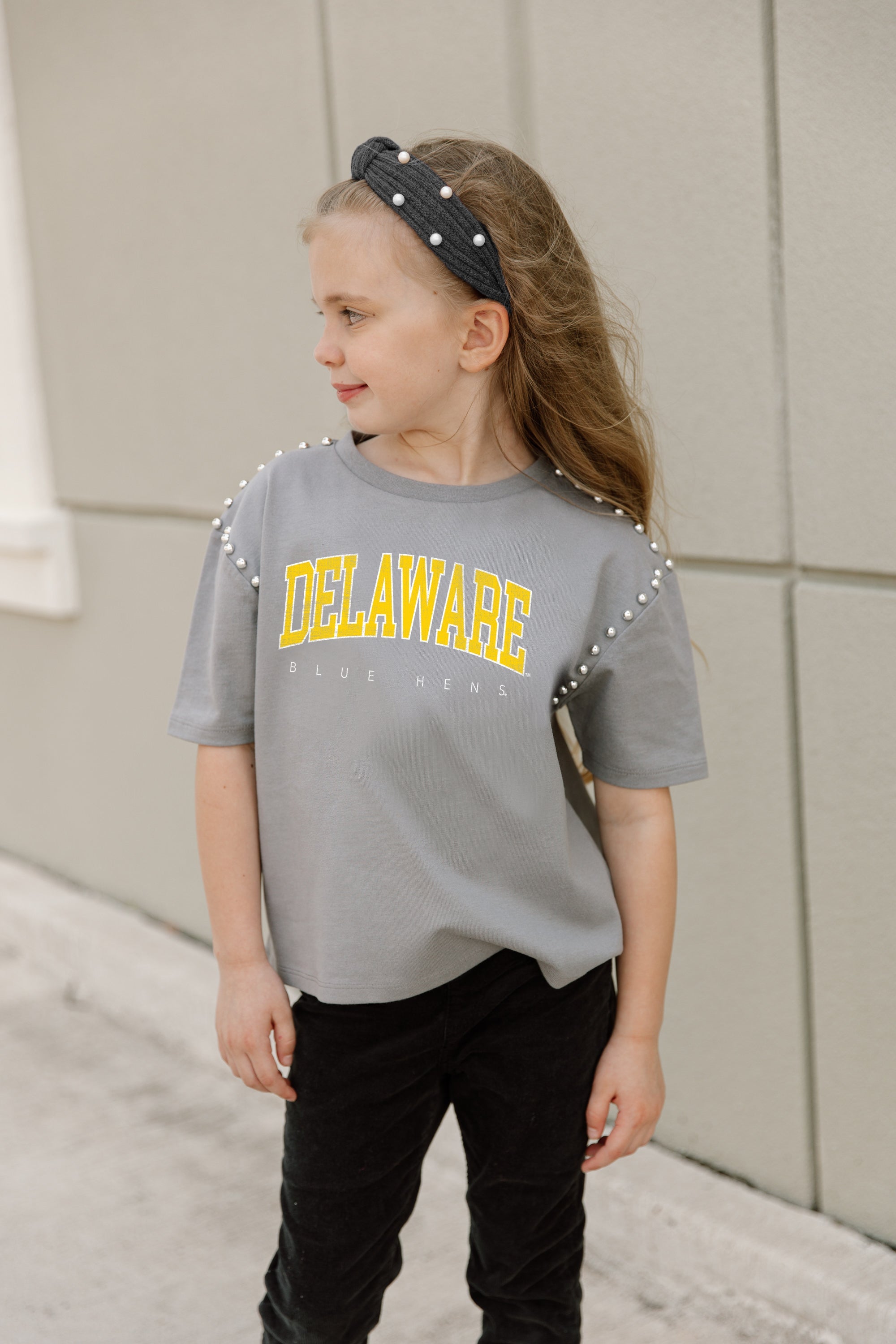 DELAWARE BLUE HENS AFTER PARTY KIDS STUDDED SHORT SLEEVE MODERATELY CROPPED TEE