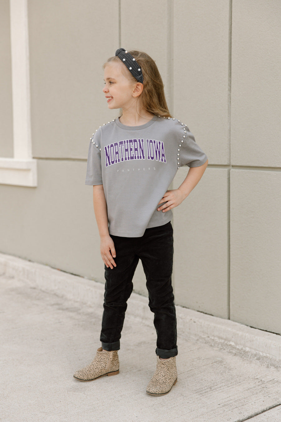 NORTHERN IOWA PANTHERS AFTER PARTY KIDS STUDDED SHORT SLEEVE MODERATELY CROPPED TEE