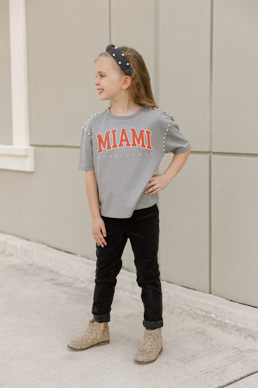 MIAMI HURRICANES AFTER PARTY KIDS STUDDED SHORT SLEEVE MODERATELY CROPPED TEE