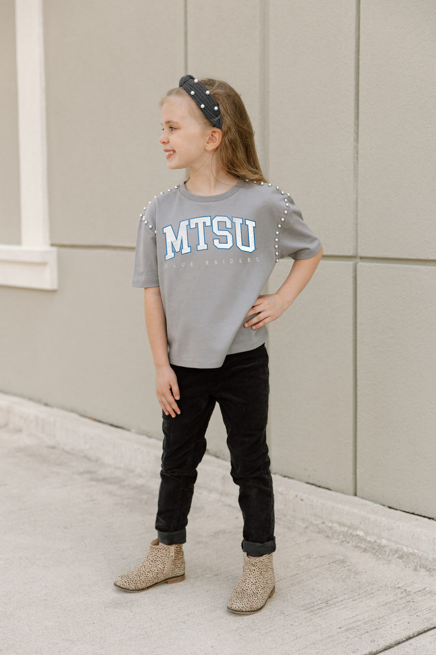 MIDDLE TENNESSEE STATE BLUE RAIDERS AFTER PARTY KIDS STUDDED SHORT SLEEVE MODERATELY CROPPED TEE