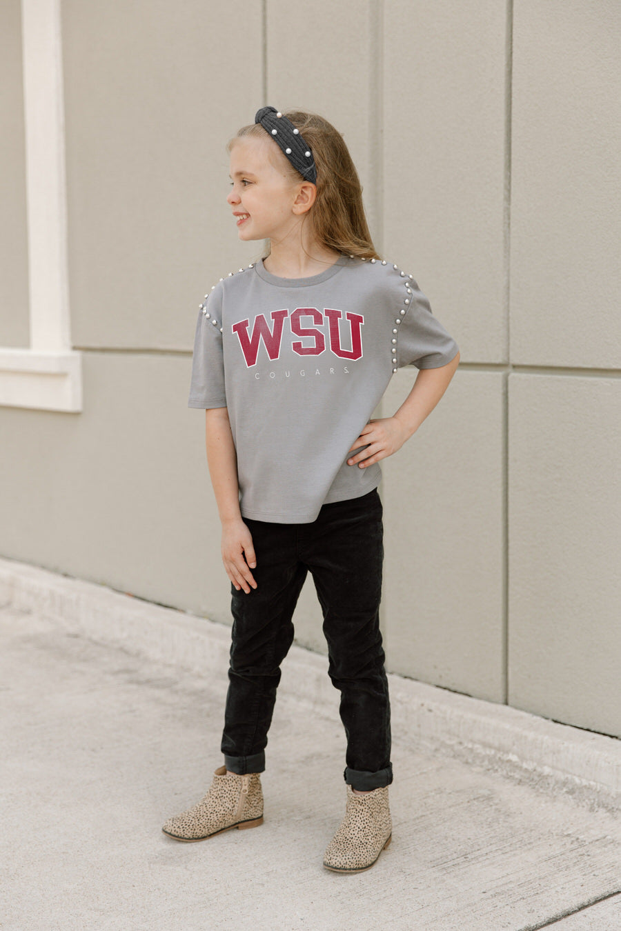 WASHINGTON STATE COUGARS AFTER PARTY KIDS STUDDED SHORT SLEEVE MODERATELY CROPPED TEE