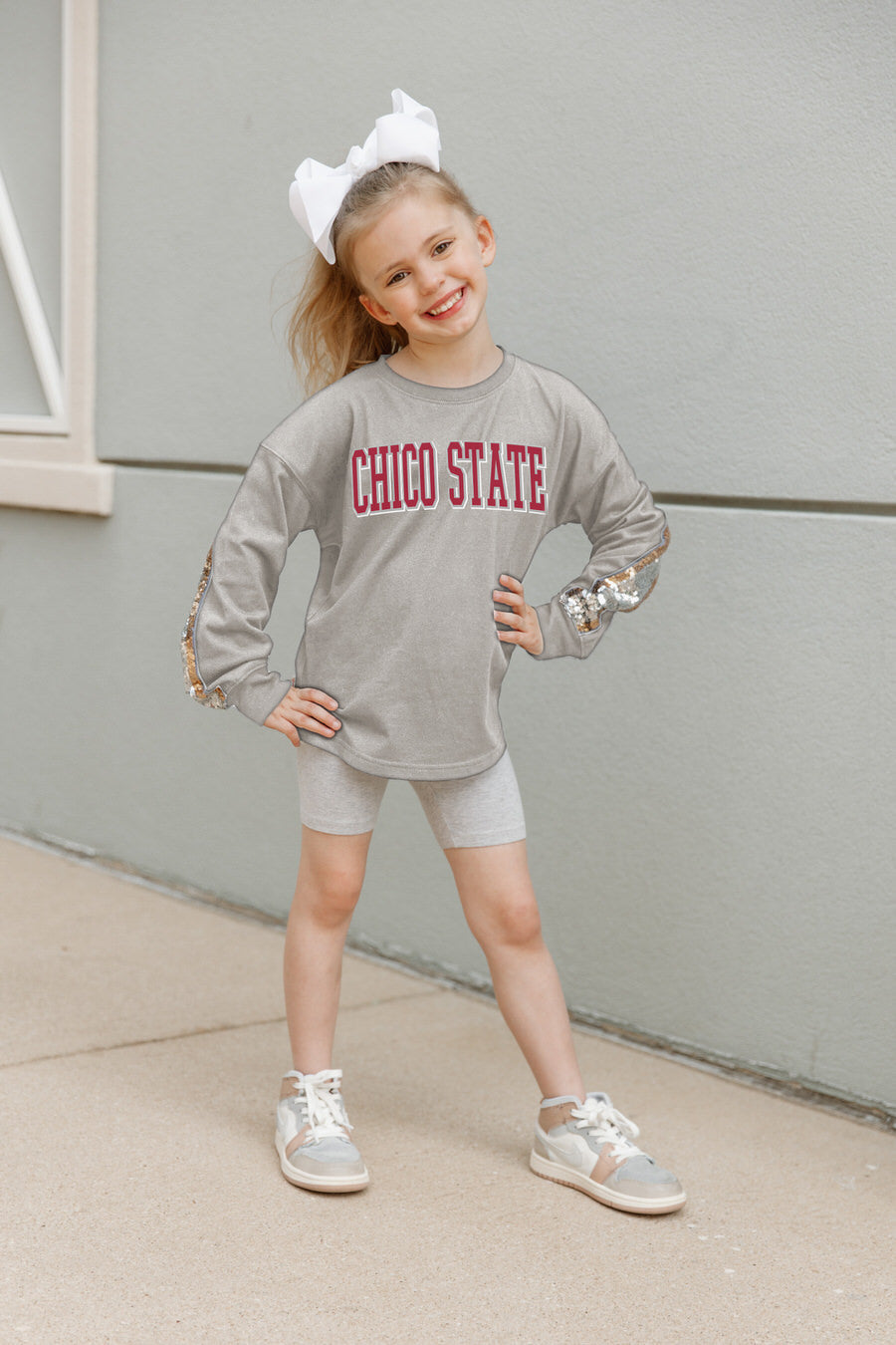 CHICO STATE WILDCATS GUESS WHO'S BACK KIDS SEQUIN YOKE PULLOVER