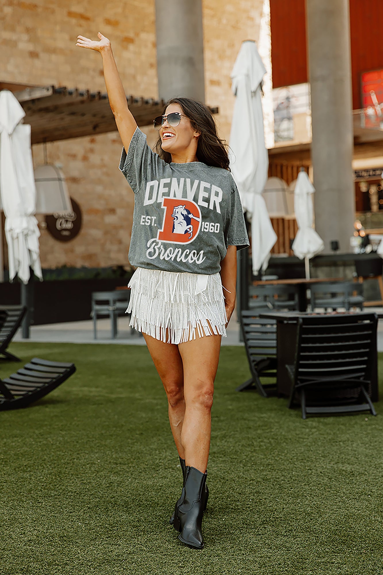 DENVER BRONCOS YARD LINE LONG SLEEVE FLEECE CREWNECK SWEATSHIRT WITH RIBBED  KNIT COLLAR, WRIST, AND WAISTBAND