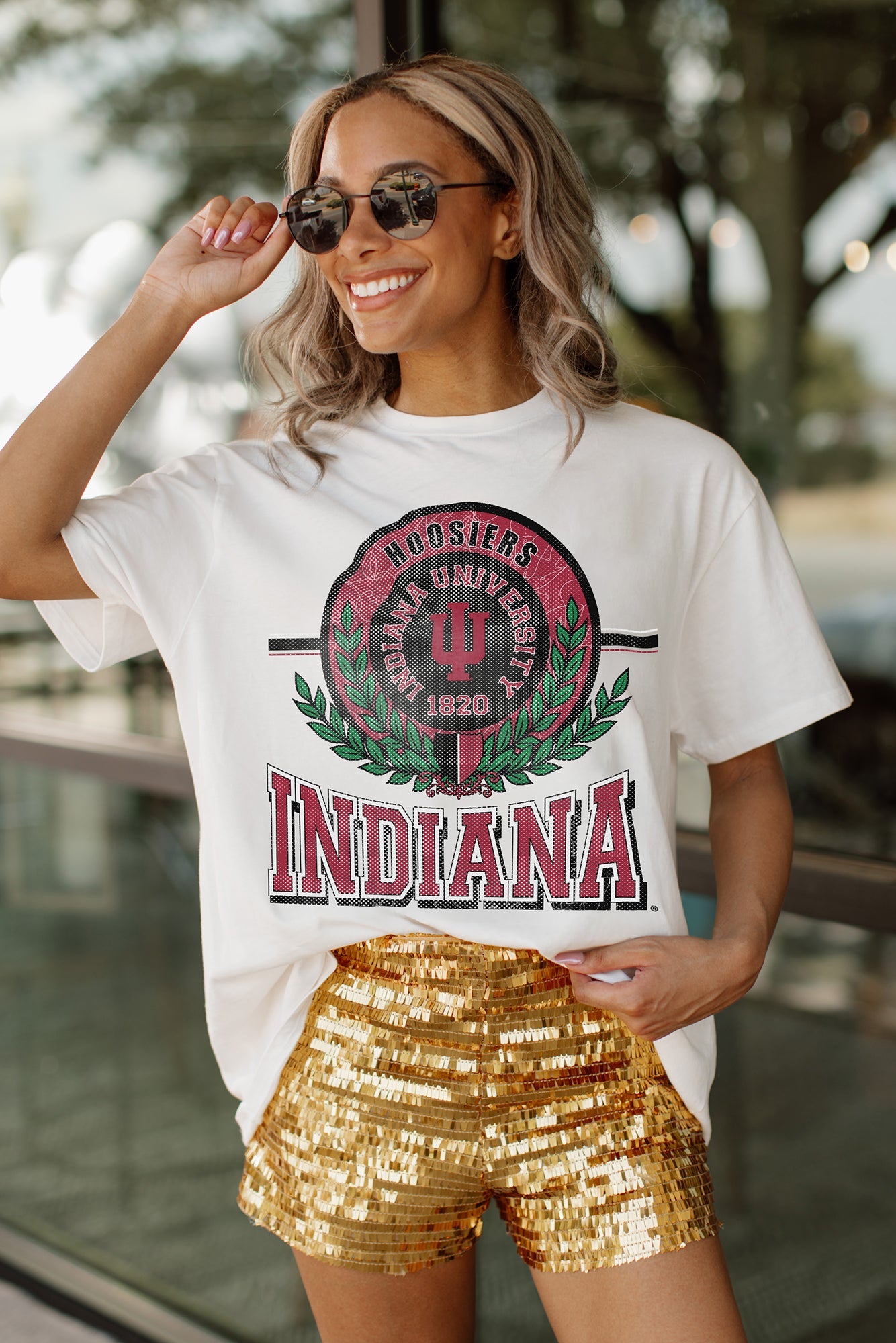 INDIANA HOOSIERS BE A CHAMPION OVERSIZED CREWNECK TEE BY MADI PREWETT