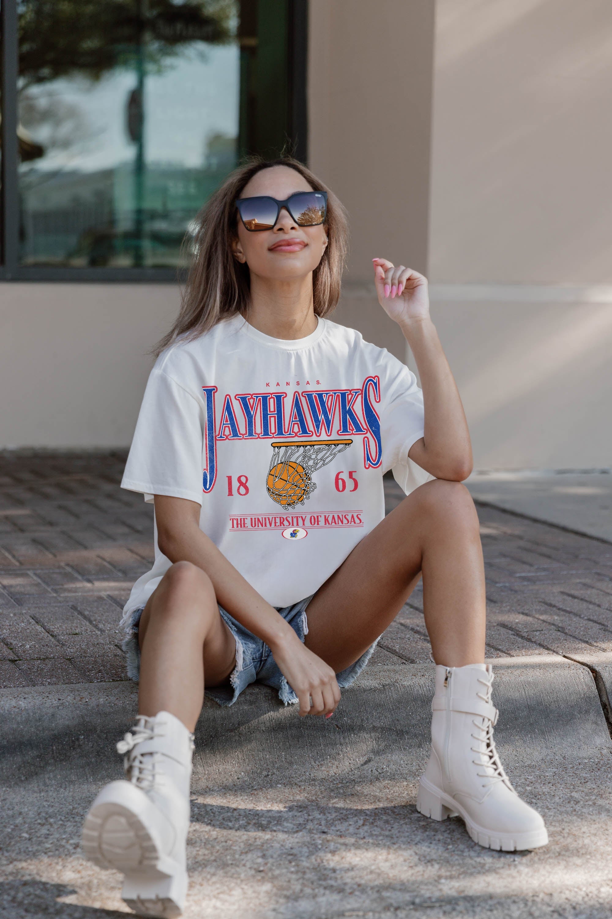 KANSAS JAYHAWKS COURT DATE OVERSIZED CREWNECK TEE