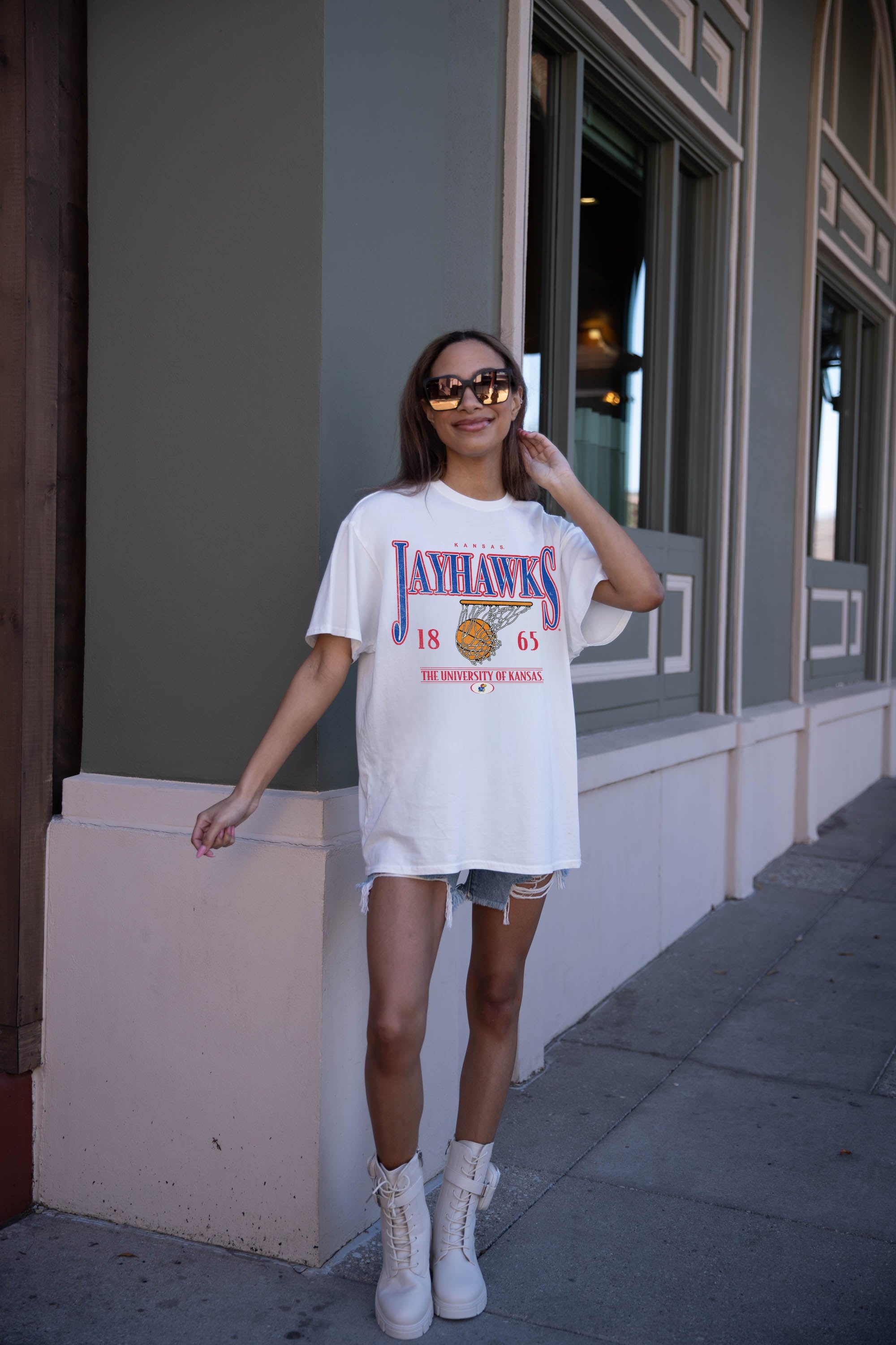 KANSAS JAYHAWKS COURT DATE OVERSIZED CREWNECK TEE