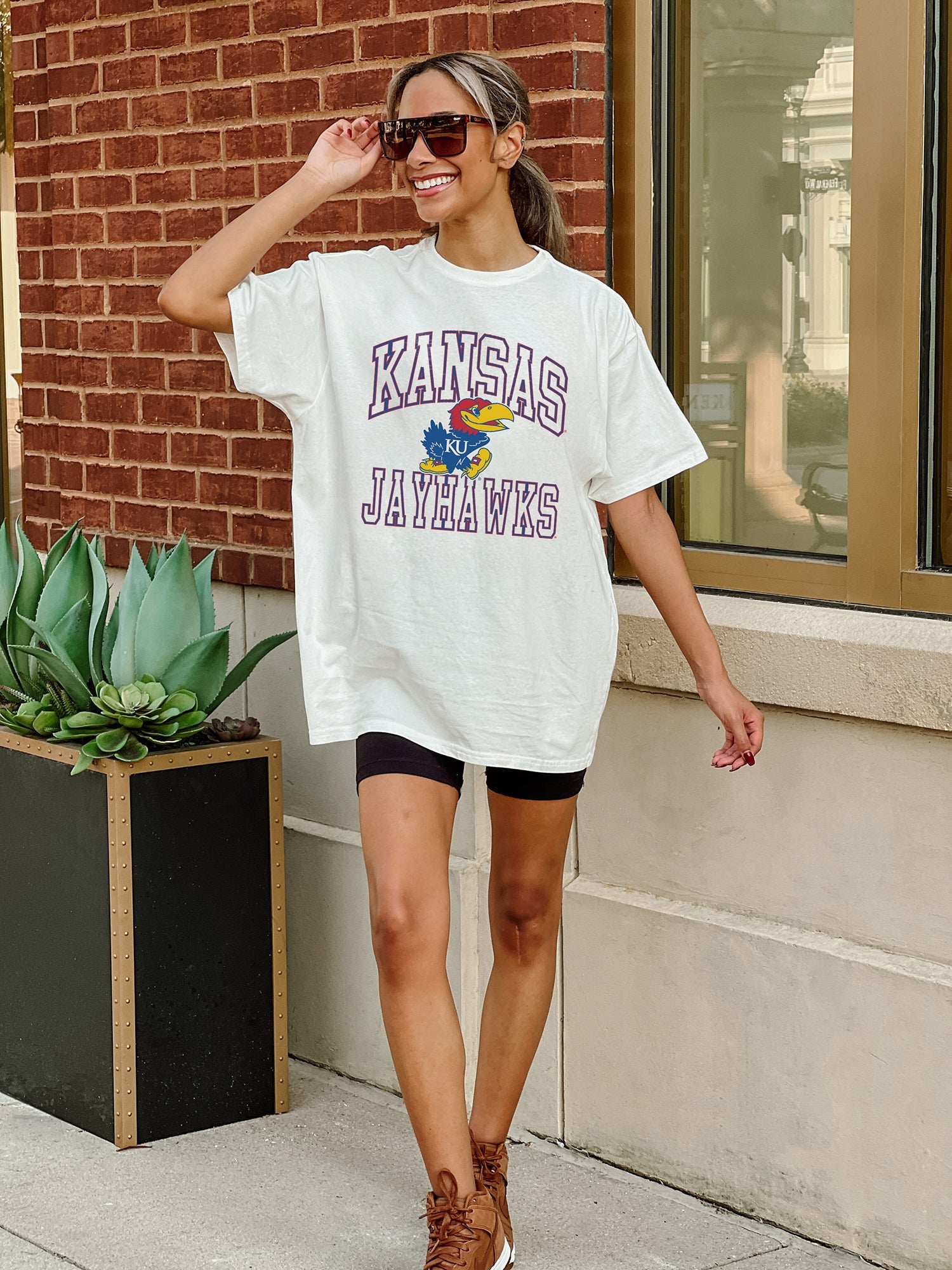 KANSAS JAYHAWKS UP YOUR GAME OVERSIZED CREWNECK TEE BY MADI PREWETT