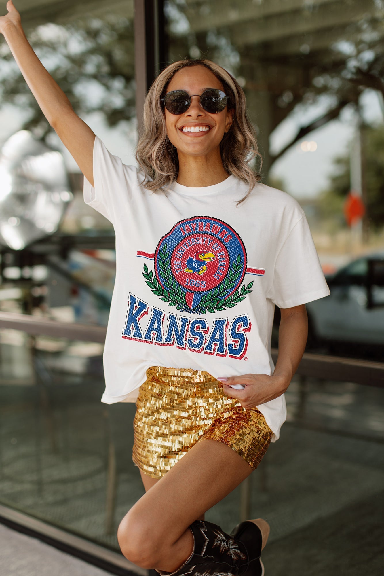 KANSAS JAYHAWKS BE A CHAMPION OVERSIZED CREWNECK TEE BY MADI PREWETT