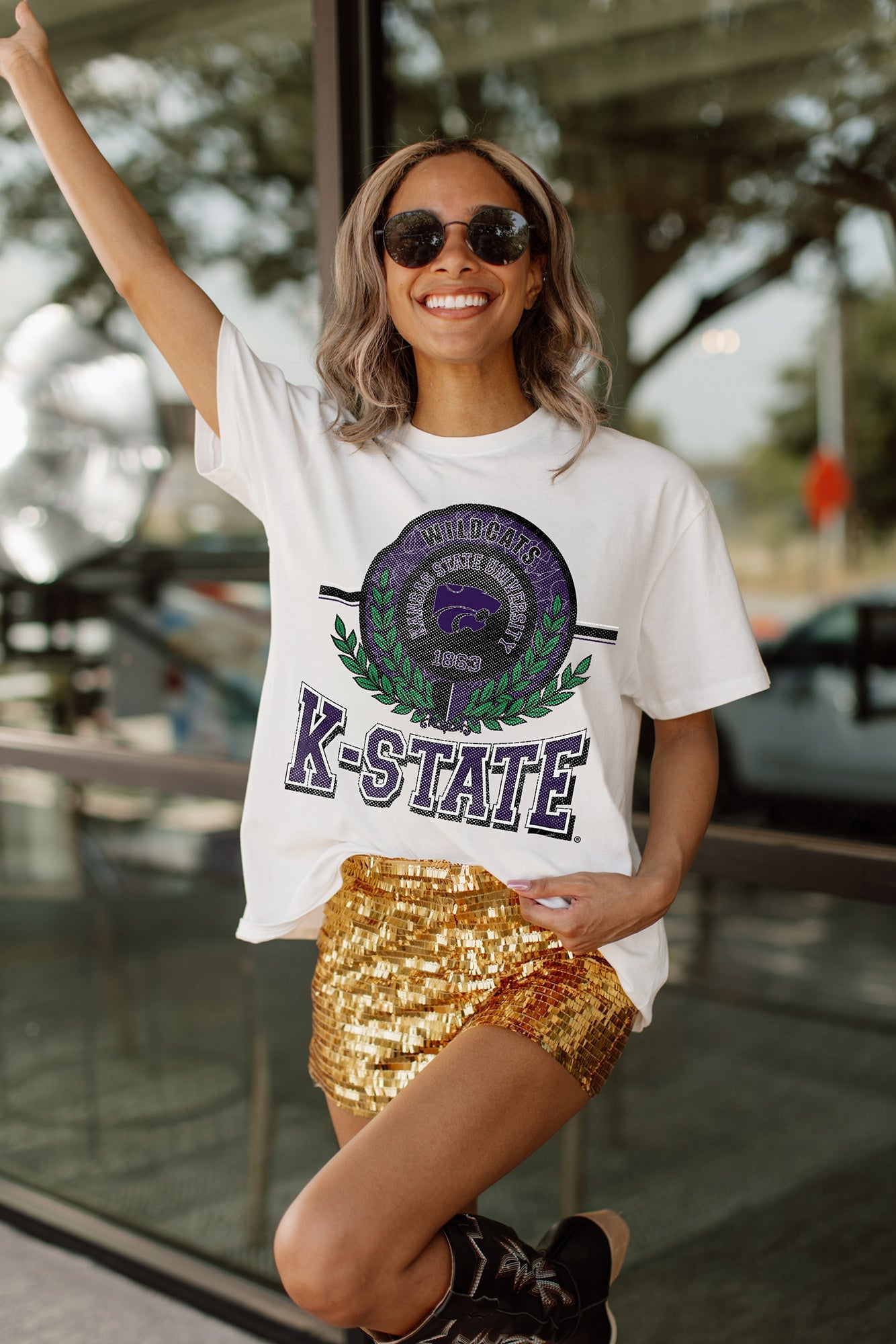 KANSAS STATE WILDCATS BE A CHAMPION OVERSIZED CREWNECK TEE BY MADI PREWETT