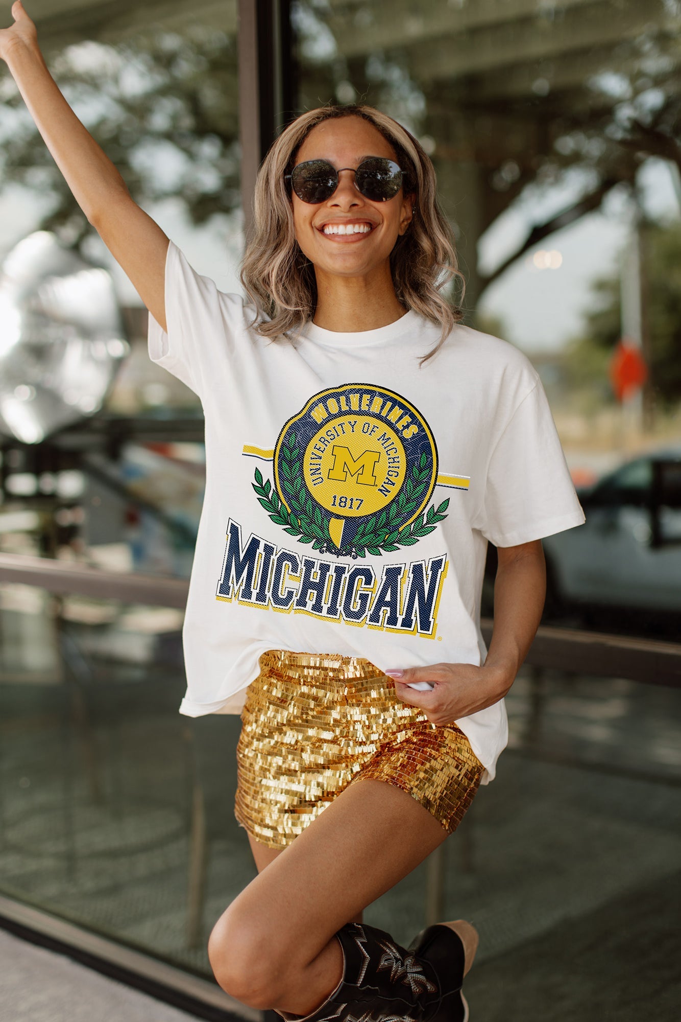 MICHIGAN WOLVERINES BE A CHAMPION OVERSIZED CREWNECK TEE BY MADI PREWETT