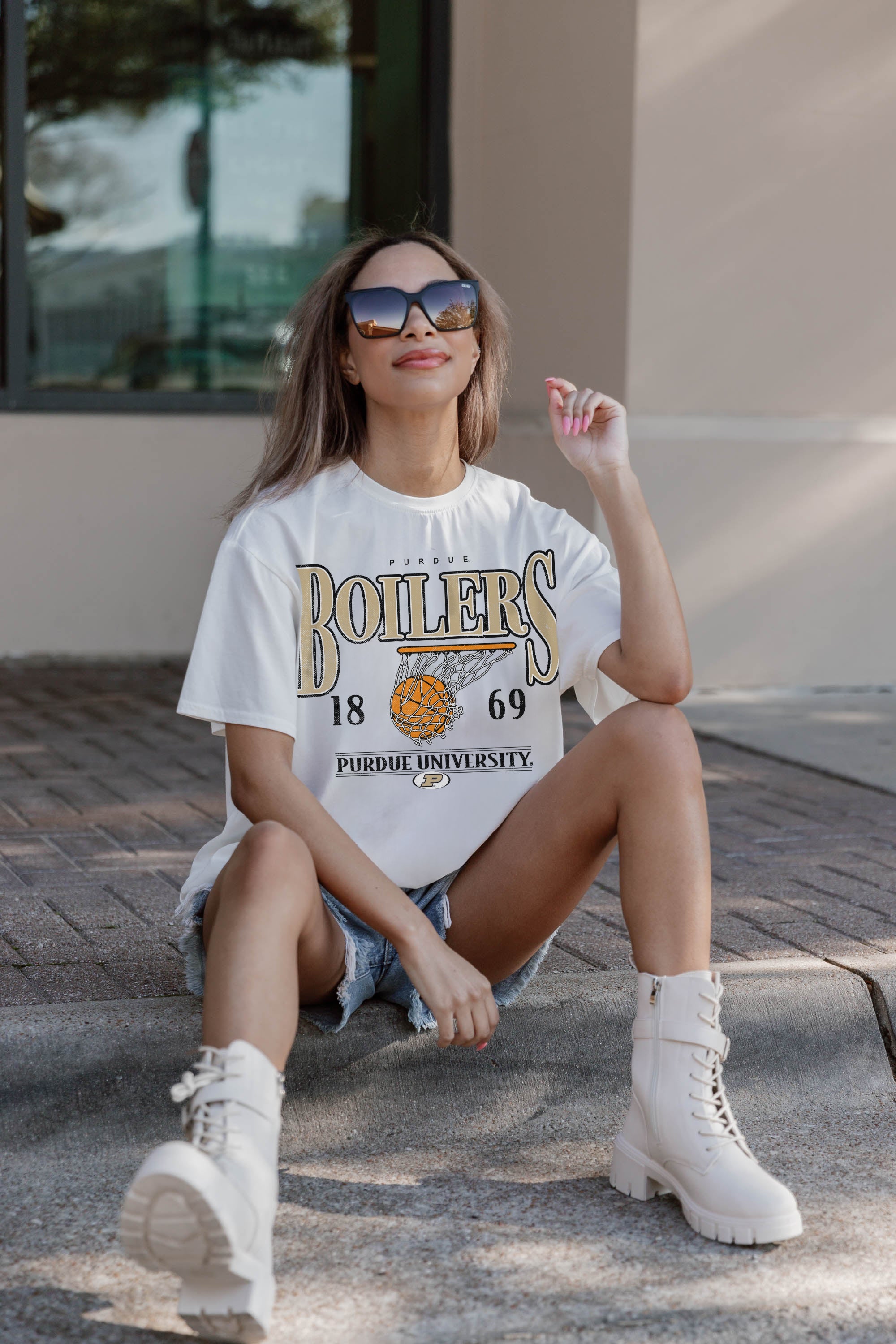 PURDUE BOILERMAKERS COURT DATE OVERSIZED CREWNECK TEE