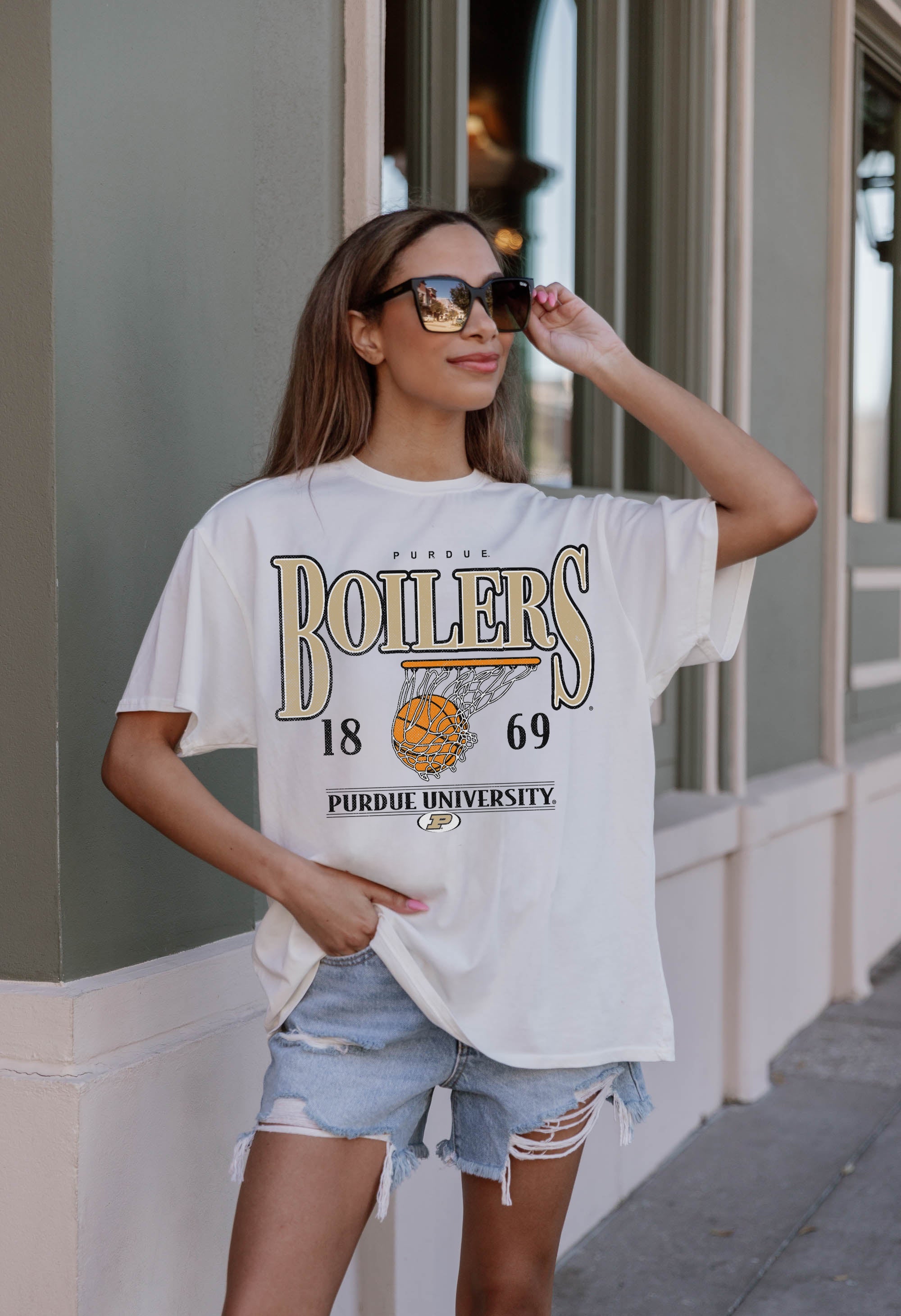 PURDUE BOILERMAKERS COURT DATE OVERSIZED CREWNECK TEE