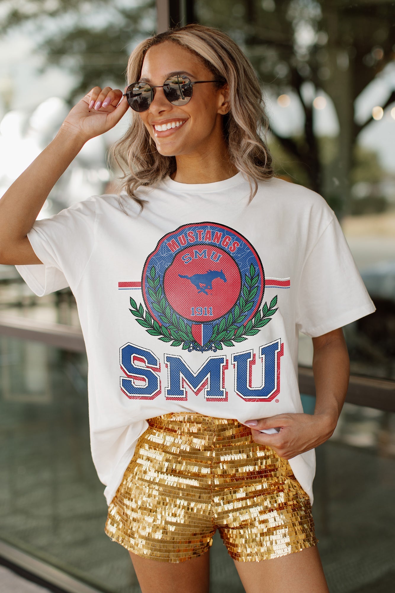 SMU MUSTANGS BE A CHAMPION OVERSIZED CREWNECK TEE BY MADI PREWETT