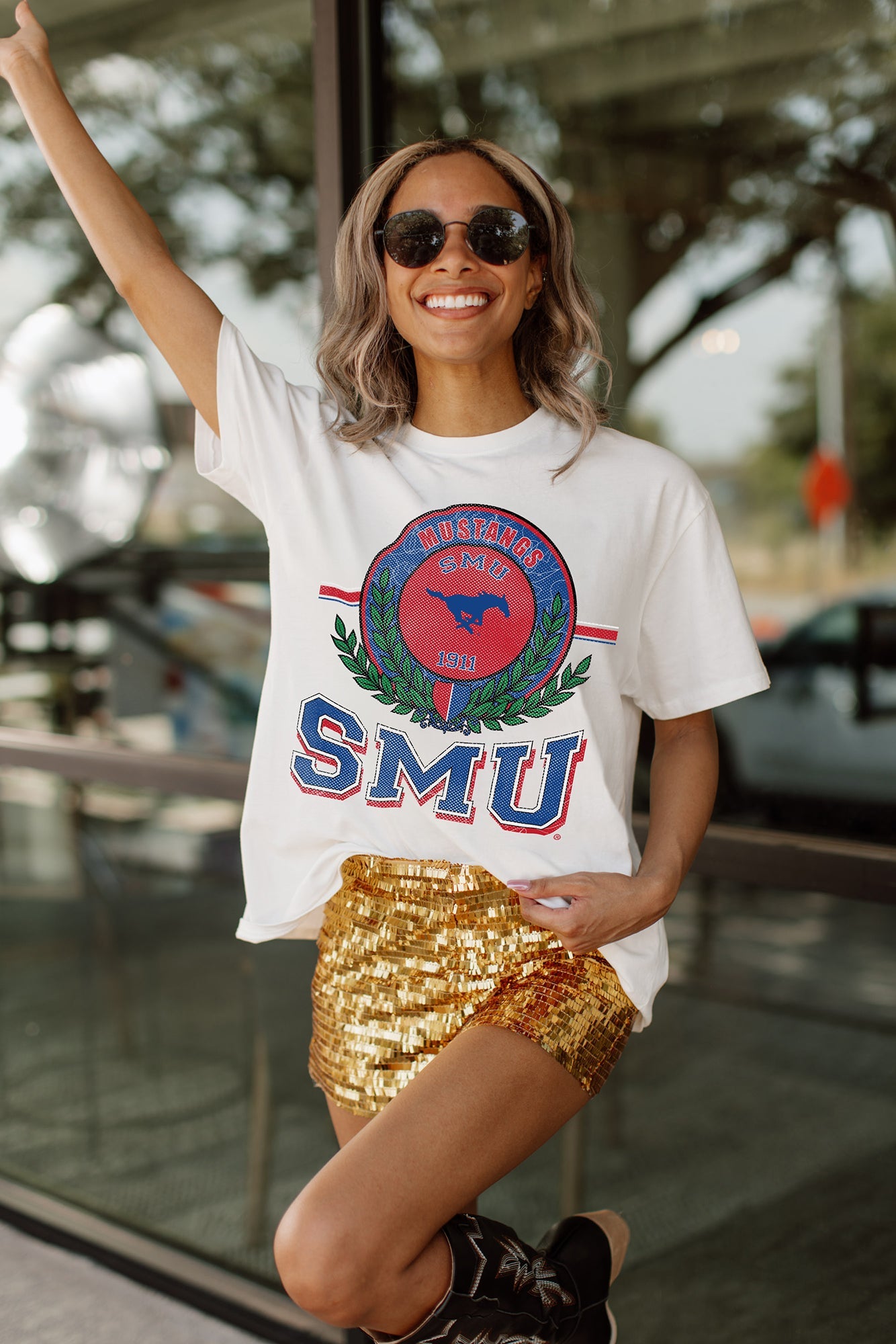 SMU MUSTANGS BE A CHAMPION OVERSIZED CREWNECK TEE BY MADI PREWETT