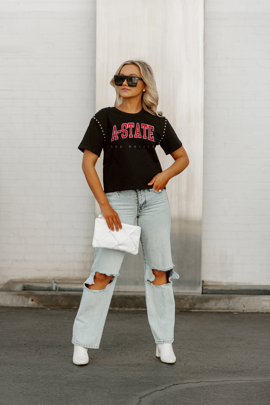 ARKANSAS STATE RED WOLVES AFTER PARTY STUDDED SHORT SLEEVE MODERATELY CROPPED TEE