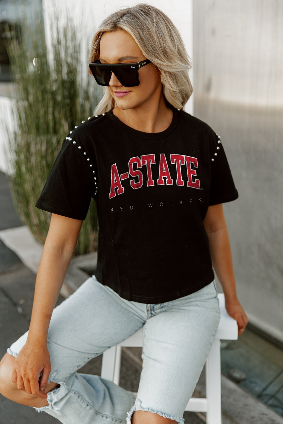 ARKANSAS STATE RED WOLVES AFTER PARTY STUDDED SHORT SLEEVE MODERATELY CROPPED TEE