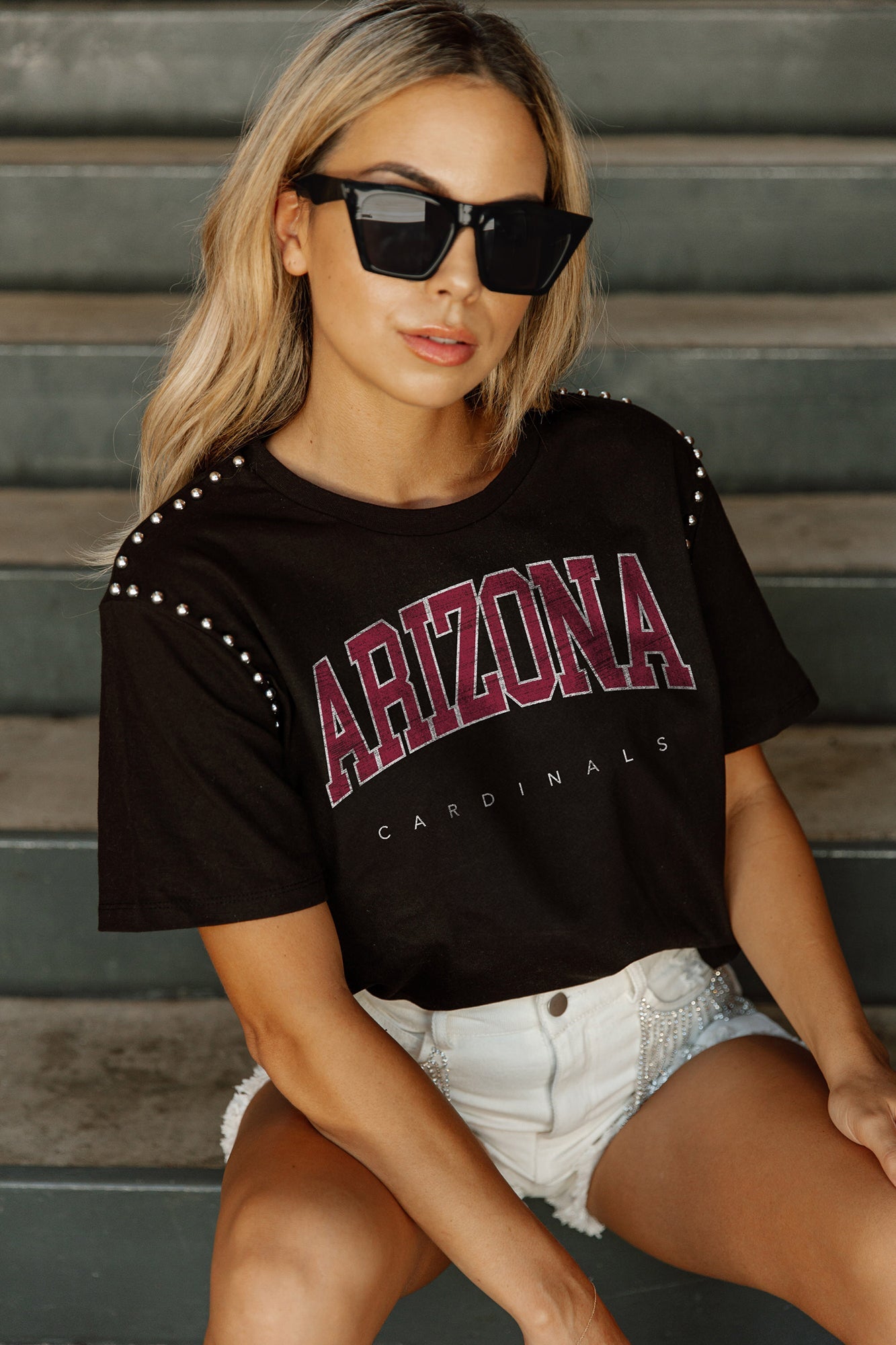 Women's Gameday Couture Black Arizona Cardinals Elite Elegance Studded Sleeve Cropped T-Shirt Size: Large