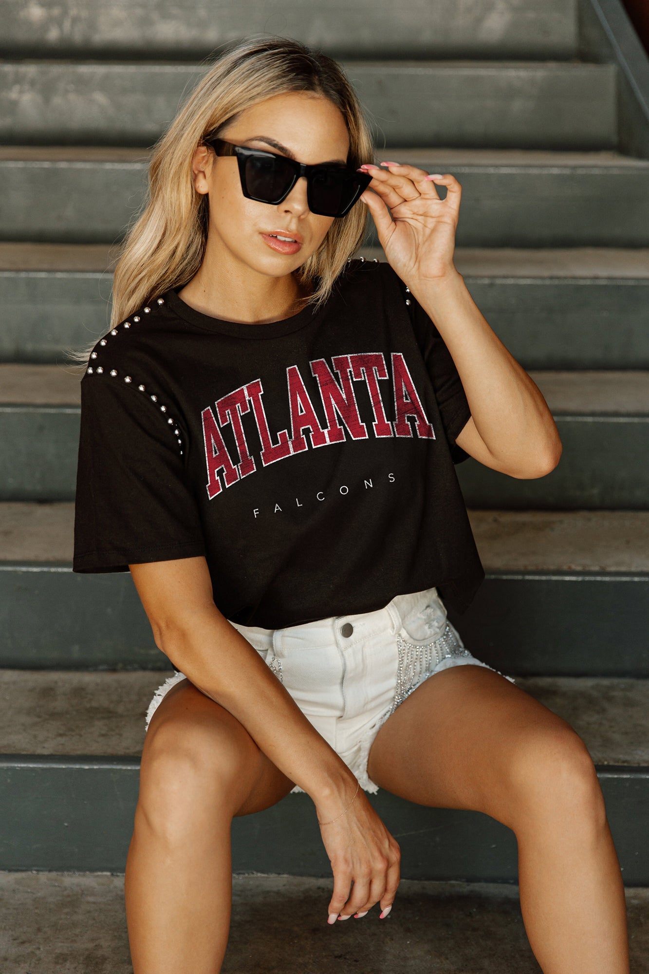 ATLANTA FALCONS COUTURE CREW FRENCH TERRY VINTAGE WASH STUDDED SHOULDE –  GAMEDAY COUTURE