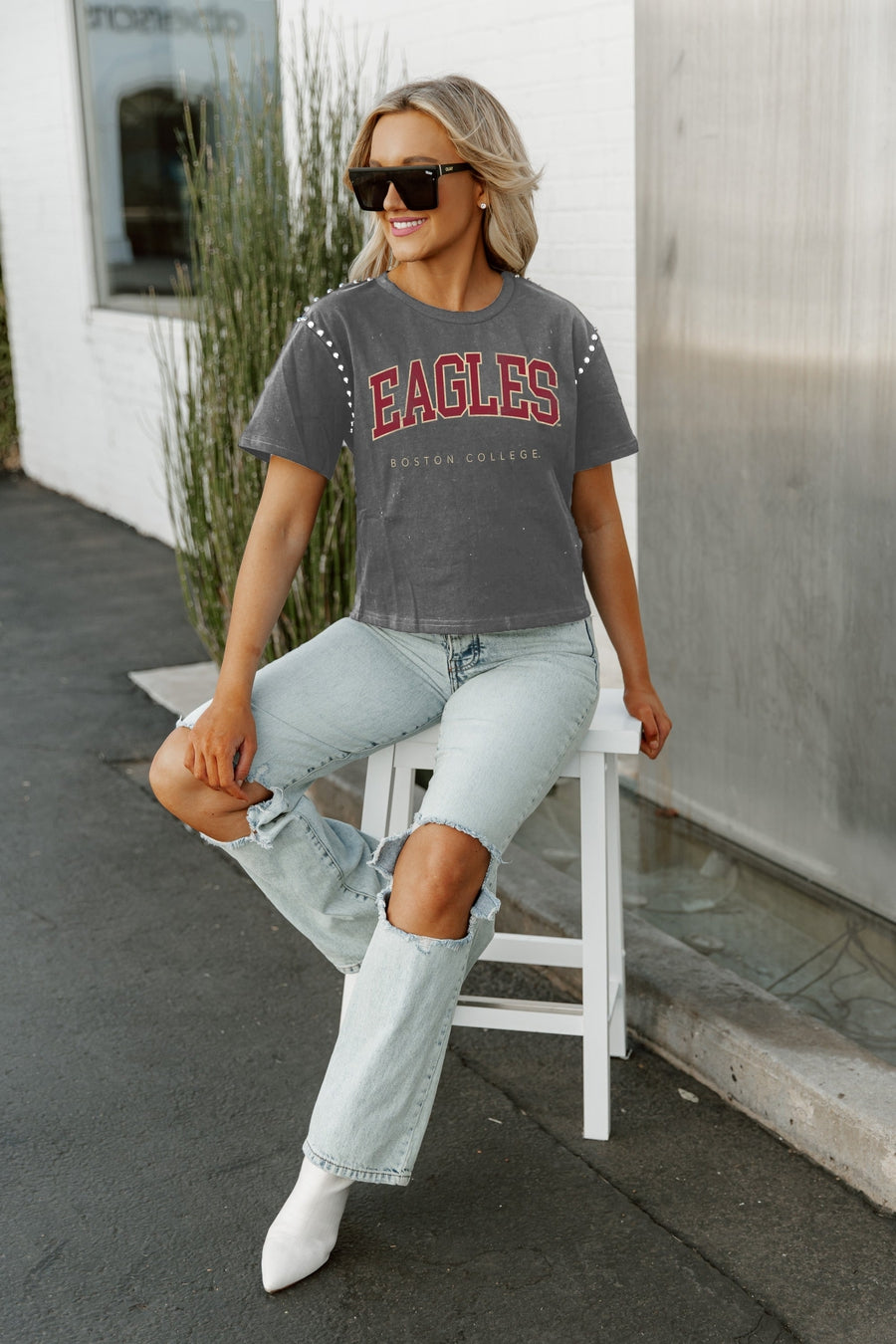 BOSTON COLLEGE EAGLES AFTER PARTY STUDDED SHORT SLEEVE MODERATELY CROPPED TEE