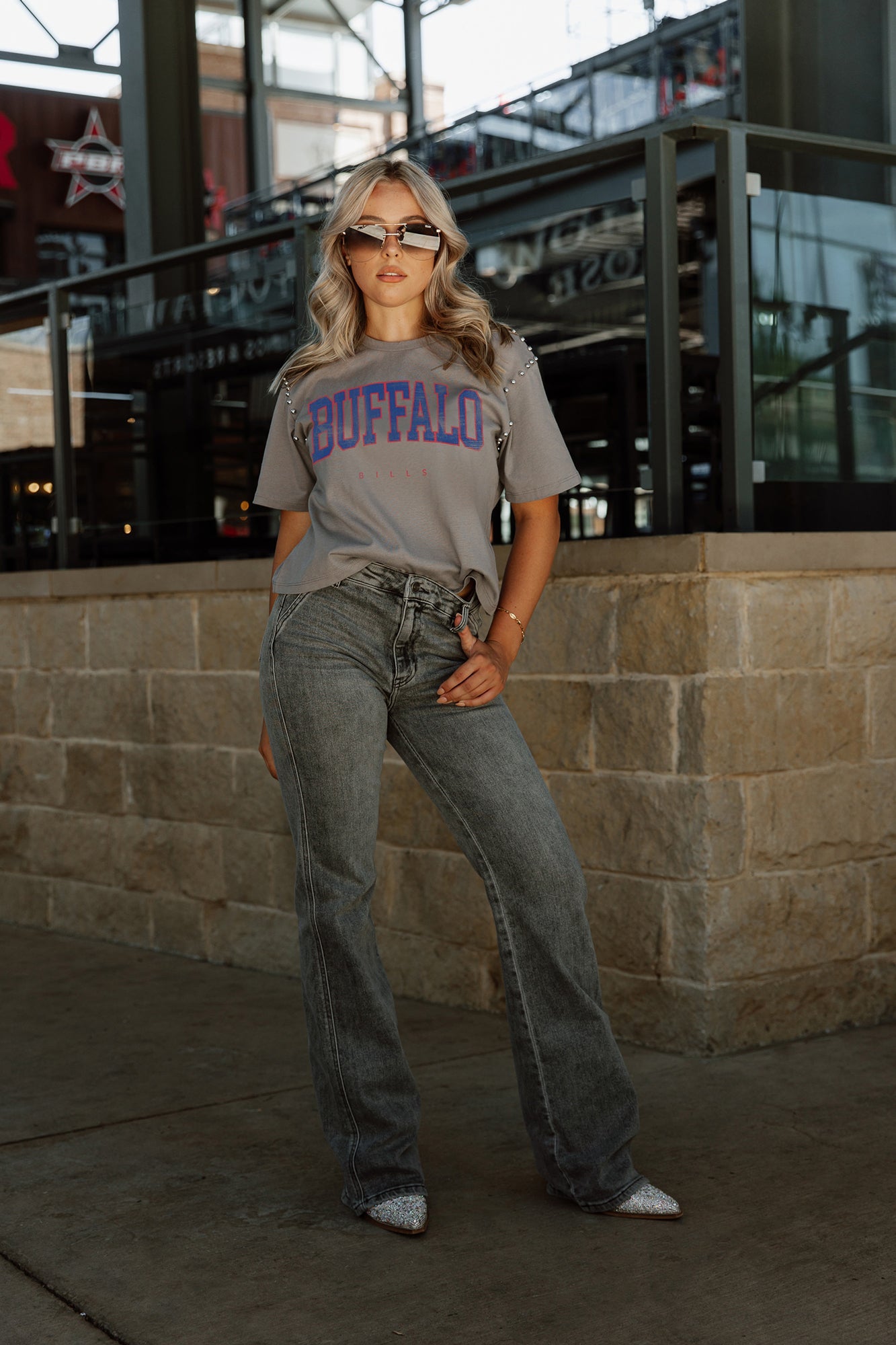 Women's Gameday Couture Gray Buffalo Bills Elite Elegance Studded Sleeve Cropped T-Shirt Size: Medium