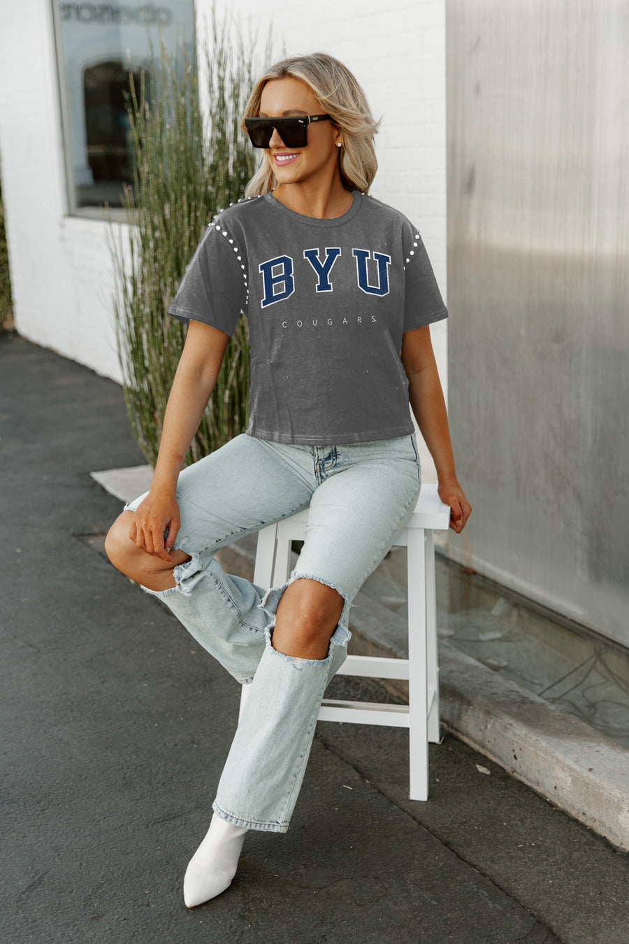 BYU COUGARS AFTER PARTY STUDDED SHORT SLEEVE MODERATELY CROPPED TEE