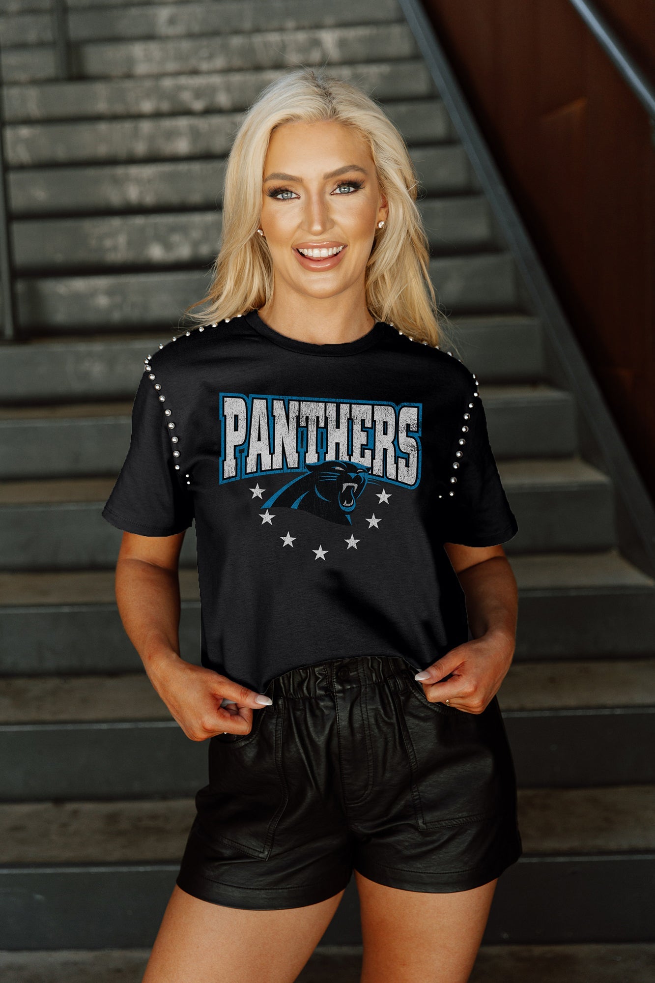 CAROLINA PANTHERS TOUCHDOWN FRENCH TERRY VINTAGE WASH STUDDED SHOULDER  DETAIL LONG SLEEVE PULLOVER