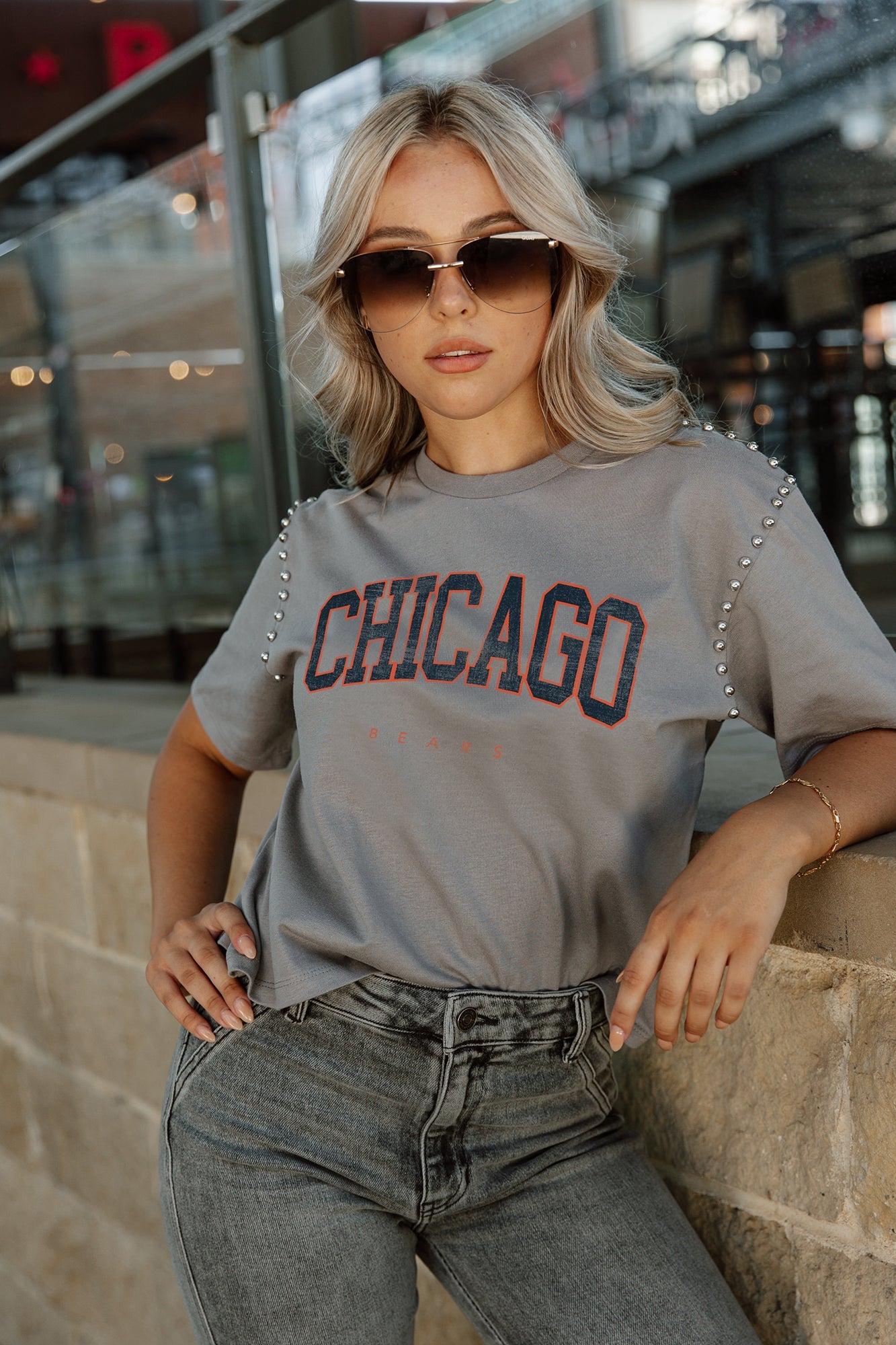 Women's Gameday Couture Gray Chicago Bears Elite Elegance Studded Sleeve Cropped T-Shirt Size: Small