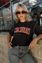 CINCINNATI BENGALS ELITE ELEGANCE STUDDED SLEEVE DETAIL MODERATE LENGTH SHORT SLEEVE CROPPED TEE