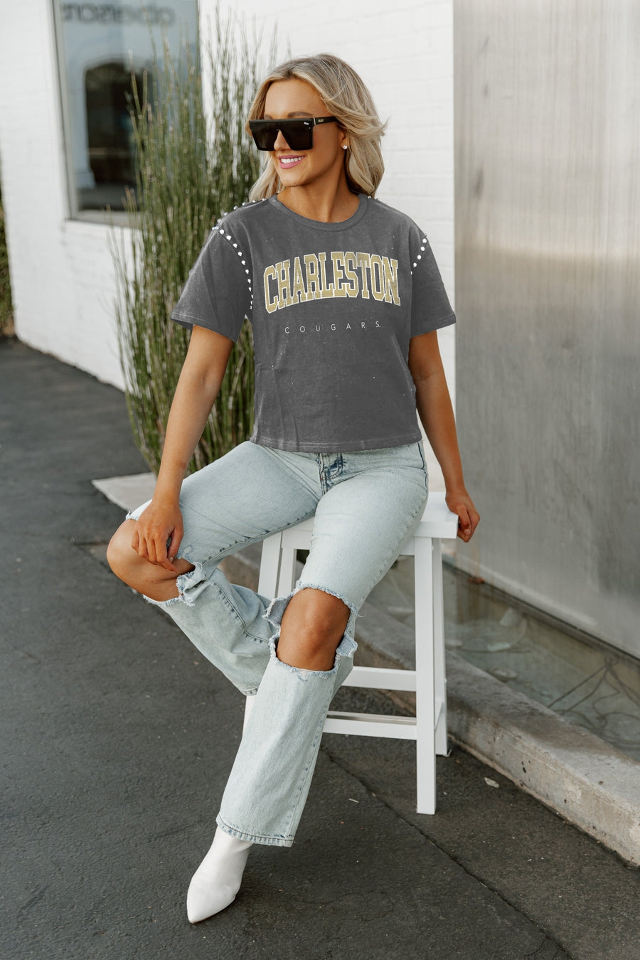 CHARLESTON COUGARS AFTER PARTY STUDDED SHORT SLEEVE MODERATELY CROPPED TEE