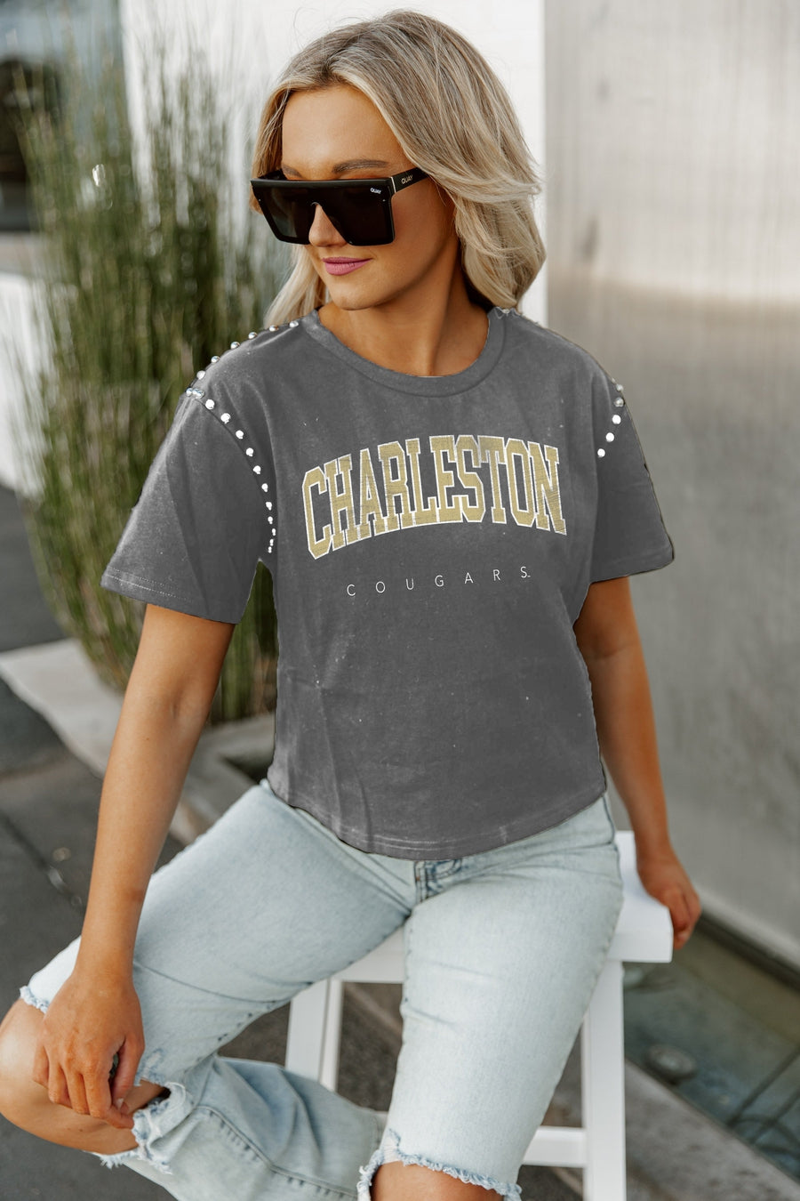 CHARLESTON COUGARS AFTER PARTY STUDDED SHORT SLEEVE MODERATELY CROPPED TEE