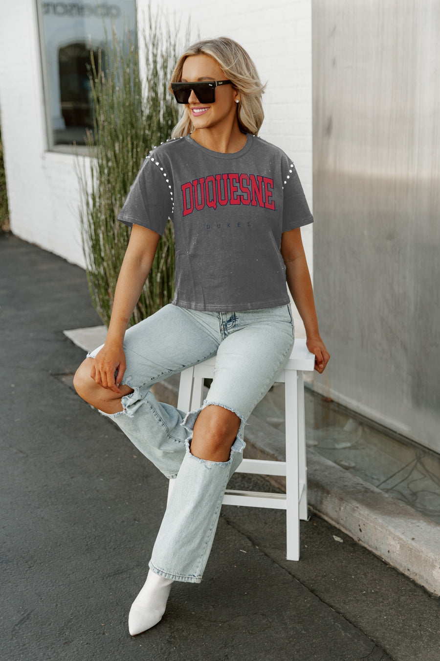 DUQUESNE UNIVERSITY DUKES AFTER PARTY STUDDED SHORT SLEEVE MODERATELY CROPPED TEE