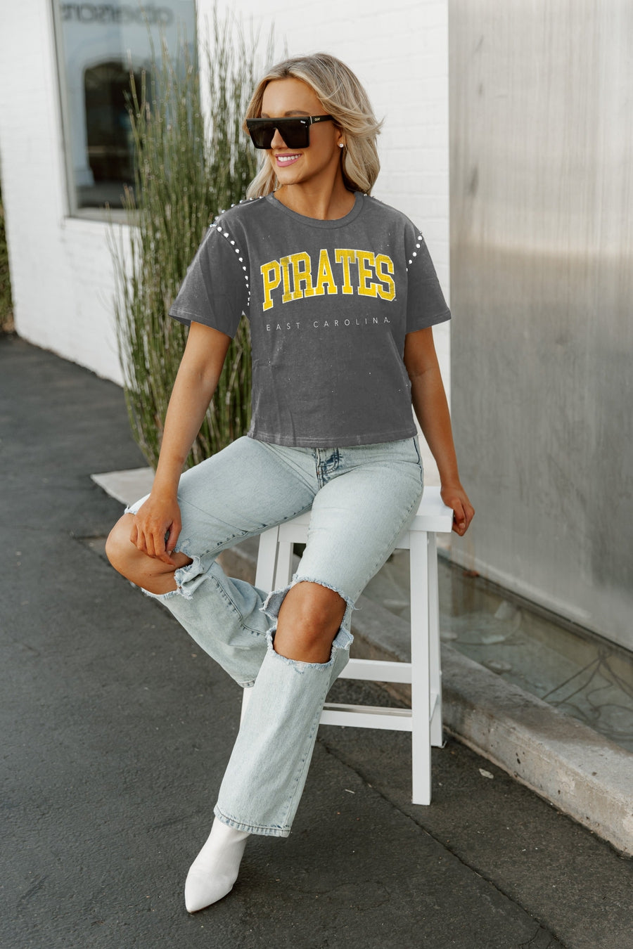 EAST CAROLINA PIRATES AFTER PARTY STUDDED SHORT SLEEVE MODERATELY CROPPED TEE