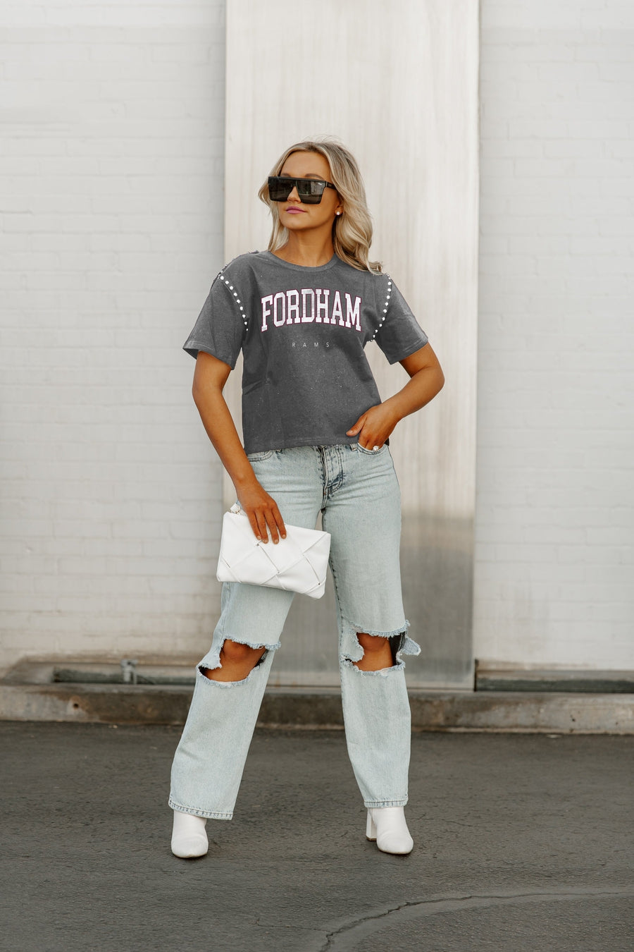 FORDHAM RAMS AFTER PARTY STUDDED SHORT SLEEVE MODERATELY CROPPED TEE